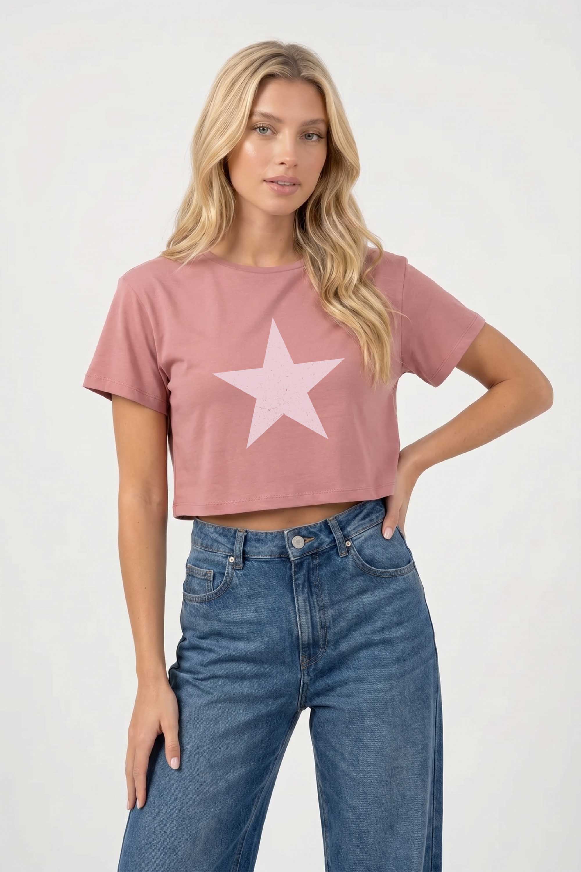 Cropped T-shirt in Distressed Star Print