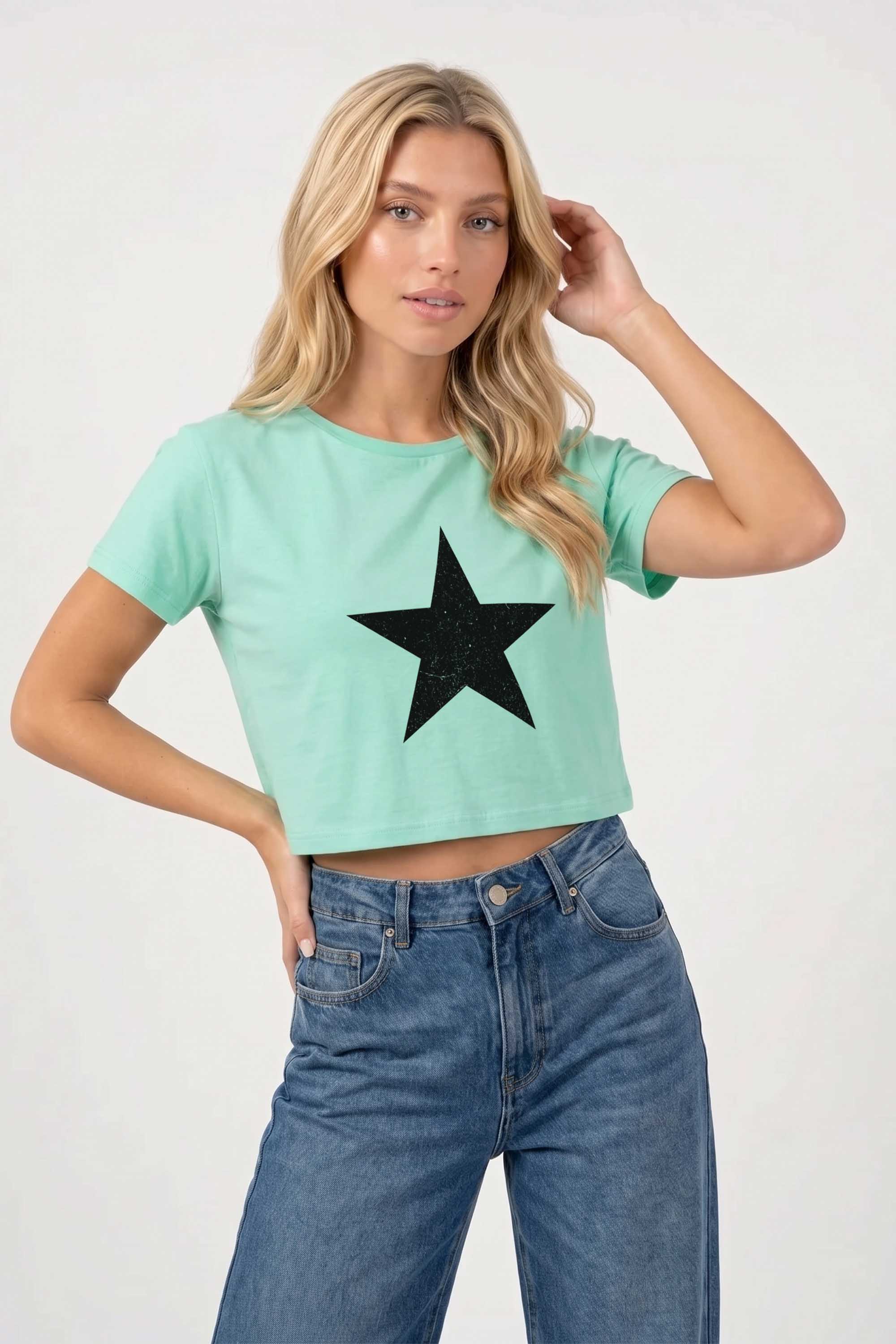 Cropped T-shirt in Distressed Star Print
