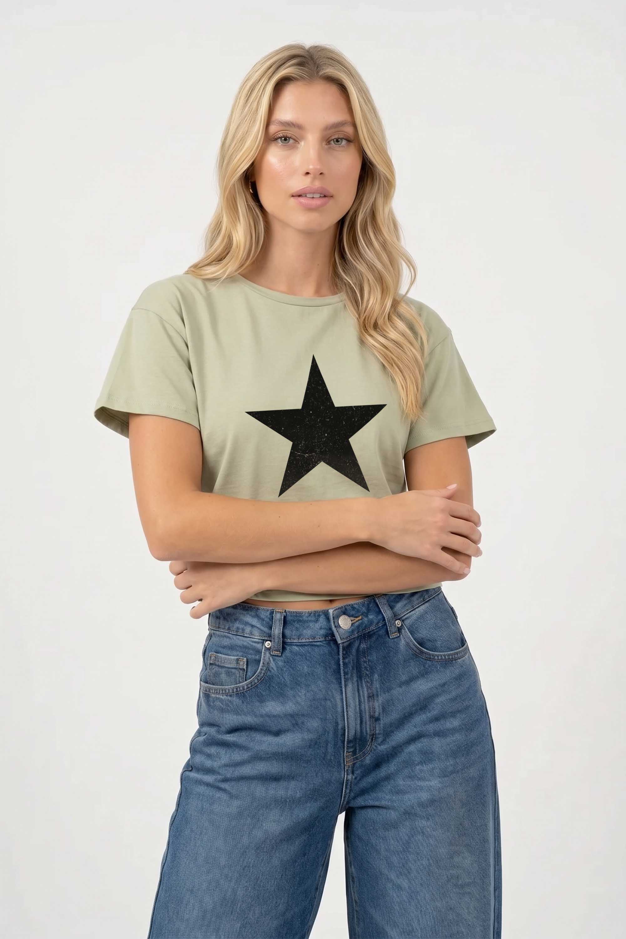 Cropped T-shirt in Distressed Star Print