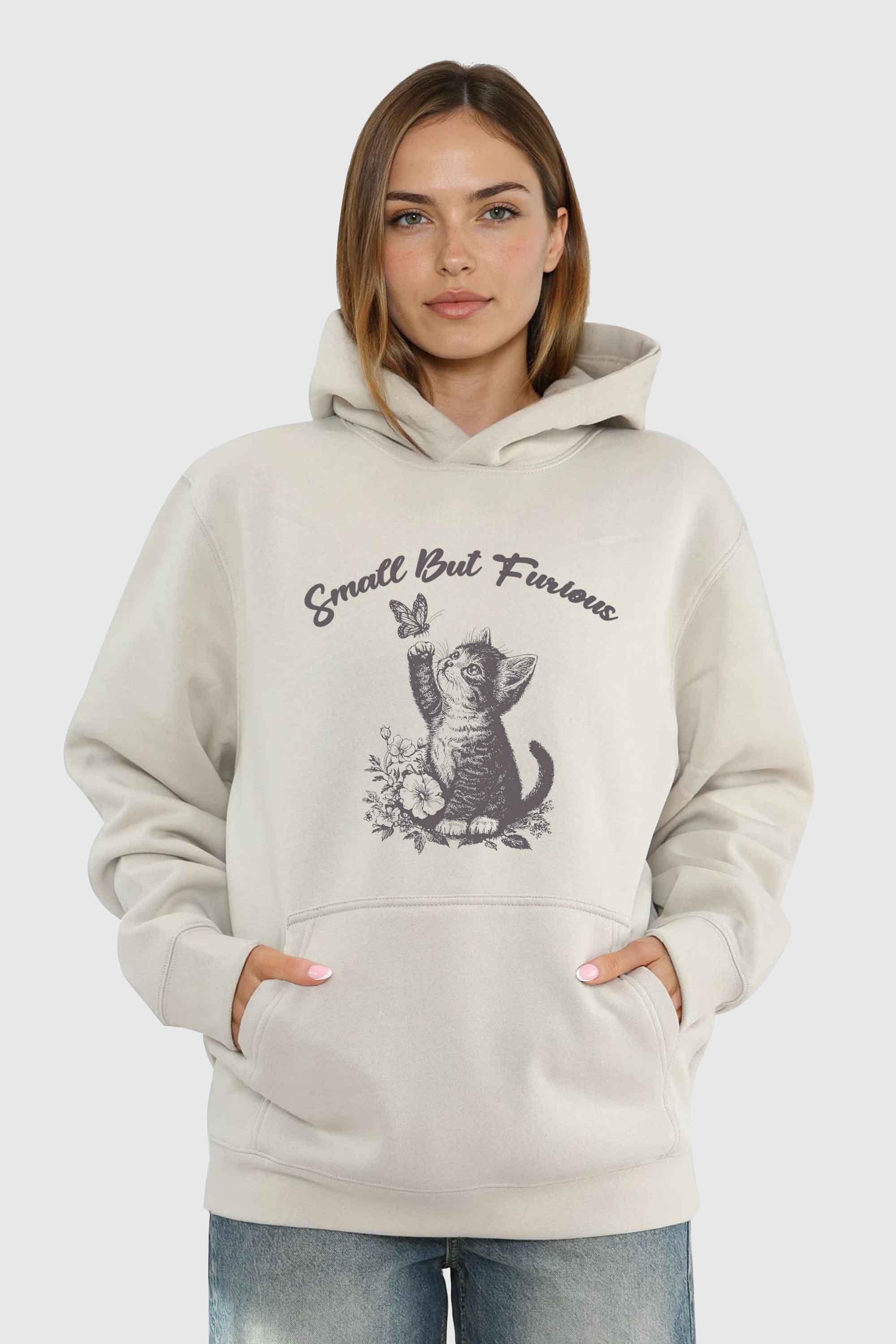 Unisex 280GSM Blended Small But Furious Cat Printed Hoodie