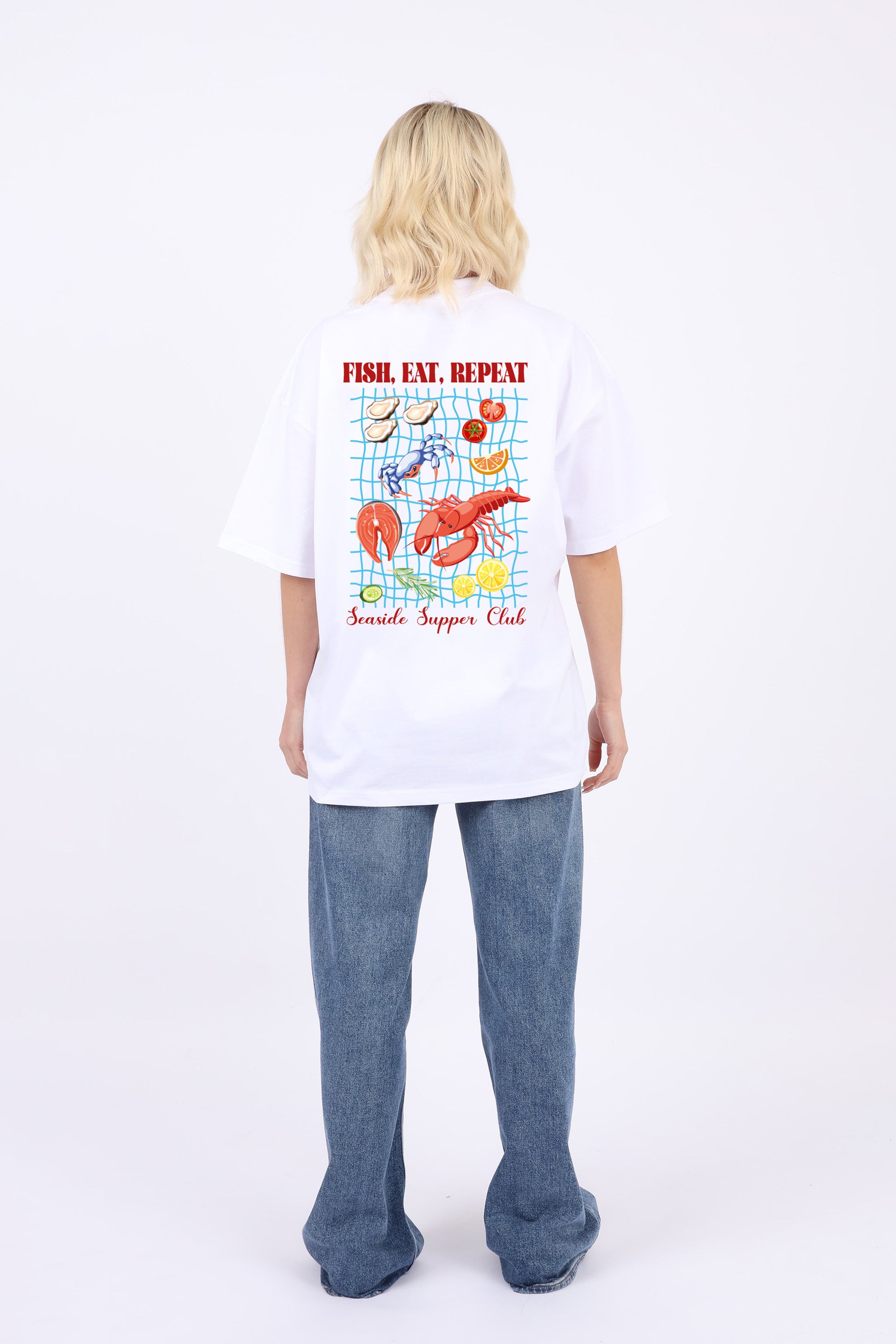 220GSM Oversized T-Shirt In Fish Eat Repeat Seafood Print (Custom Pack)