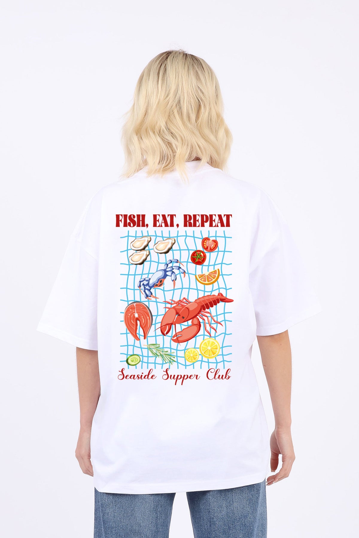 220GSM Oversized T-Shirt In Fish Eat Repeat Seafood Print