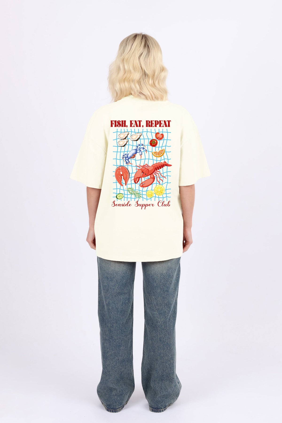 220GSM Oversized T-Shirt In Fish Eat Repeat Seafood Print