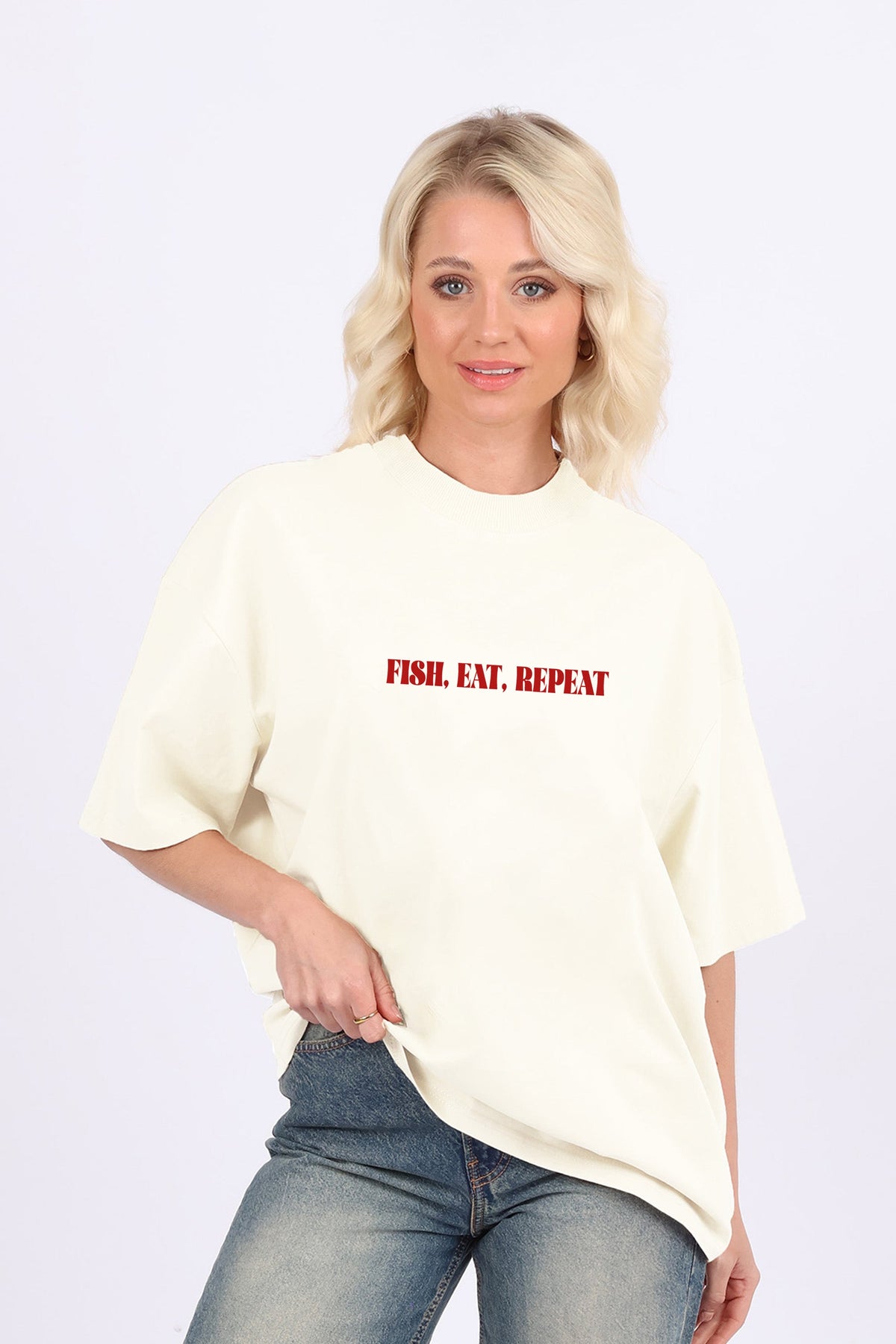 220GSM Oversized T-Shirt In Fish Eat Repeat Seafood Print