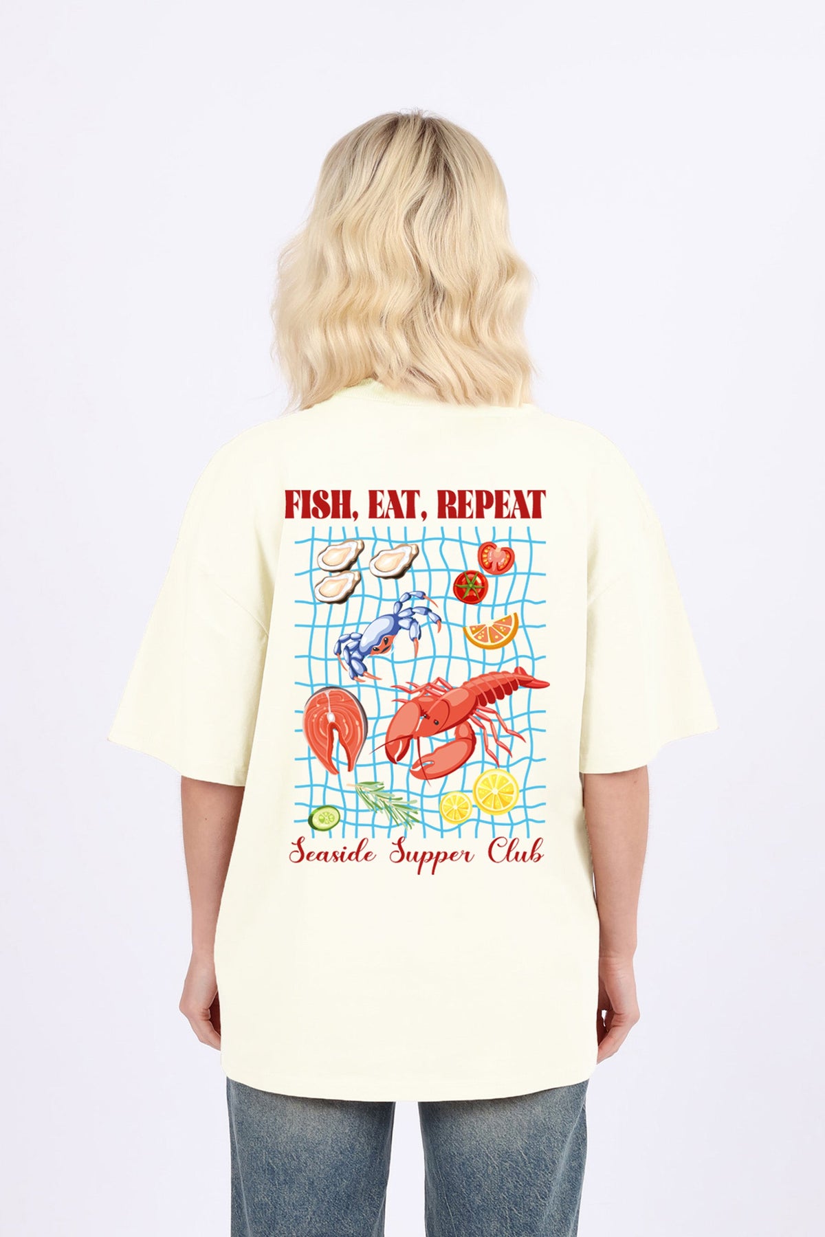 220GSM Oversized T-Shirt In Fish Eat Repeat Seafood Print