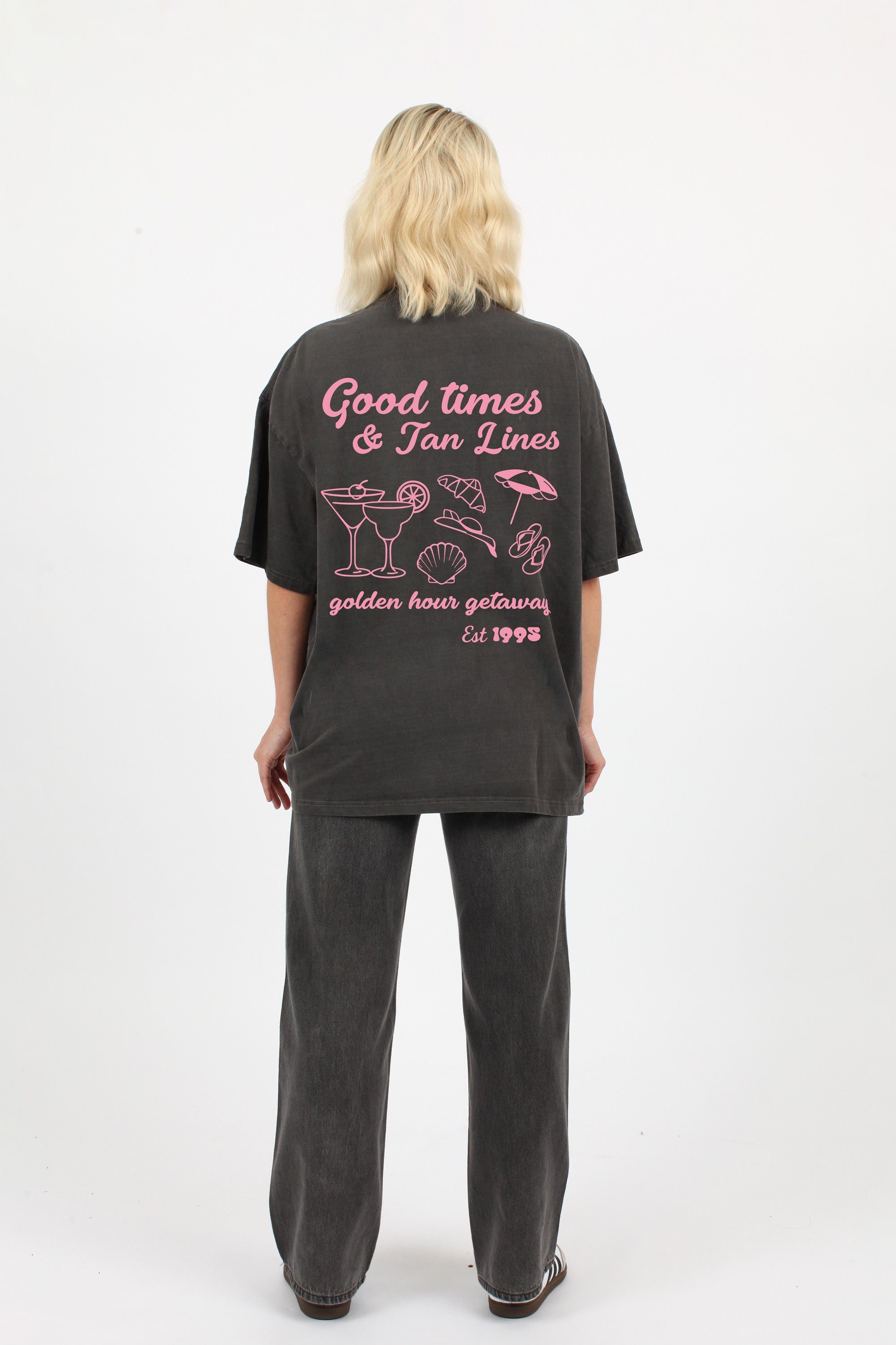 220GSM Oversized Acid Washed T-Shirt In Good Times Print (Custom Pack)