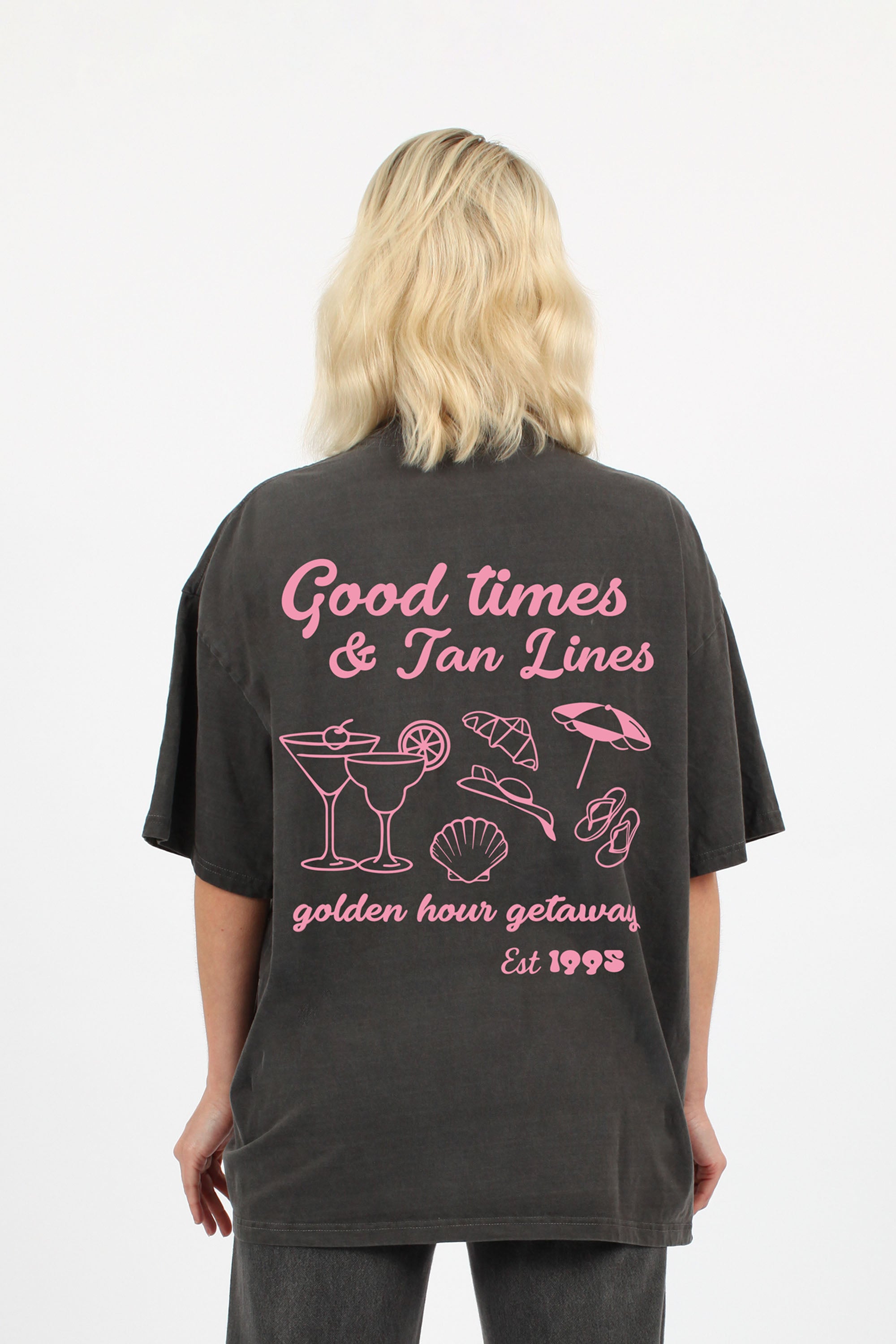 220GSM Oversized Acid Washed T-Shirt In Good Times Print (Custom Pack)