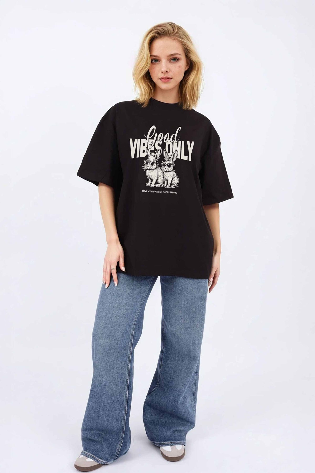 220GSM Oversized T-Shirt in Good Vibes Only Bunny Print