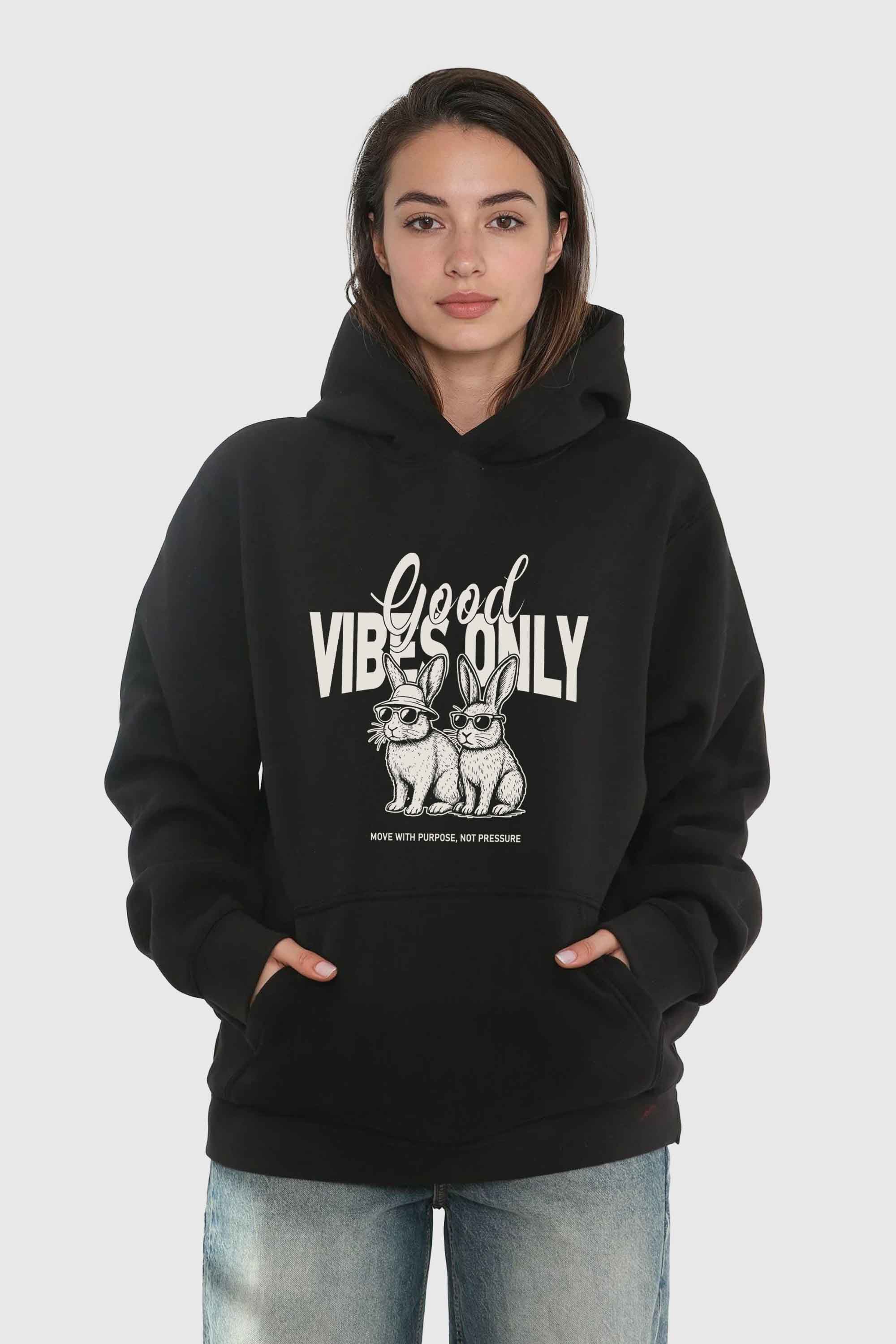 Unisex 280GSM Blended Good Vibes Only Bunny Printed Hoodie