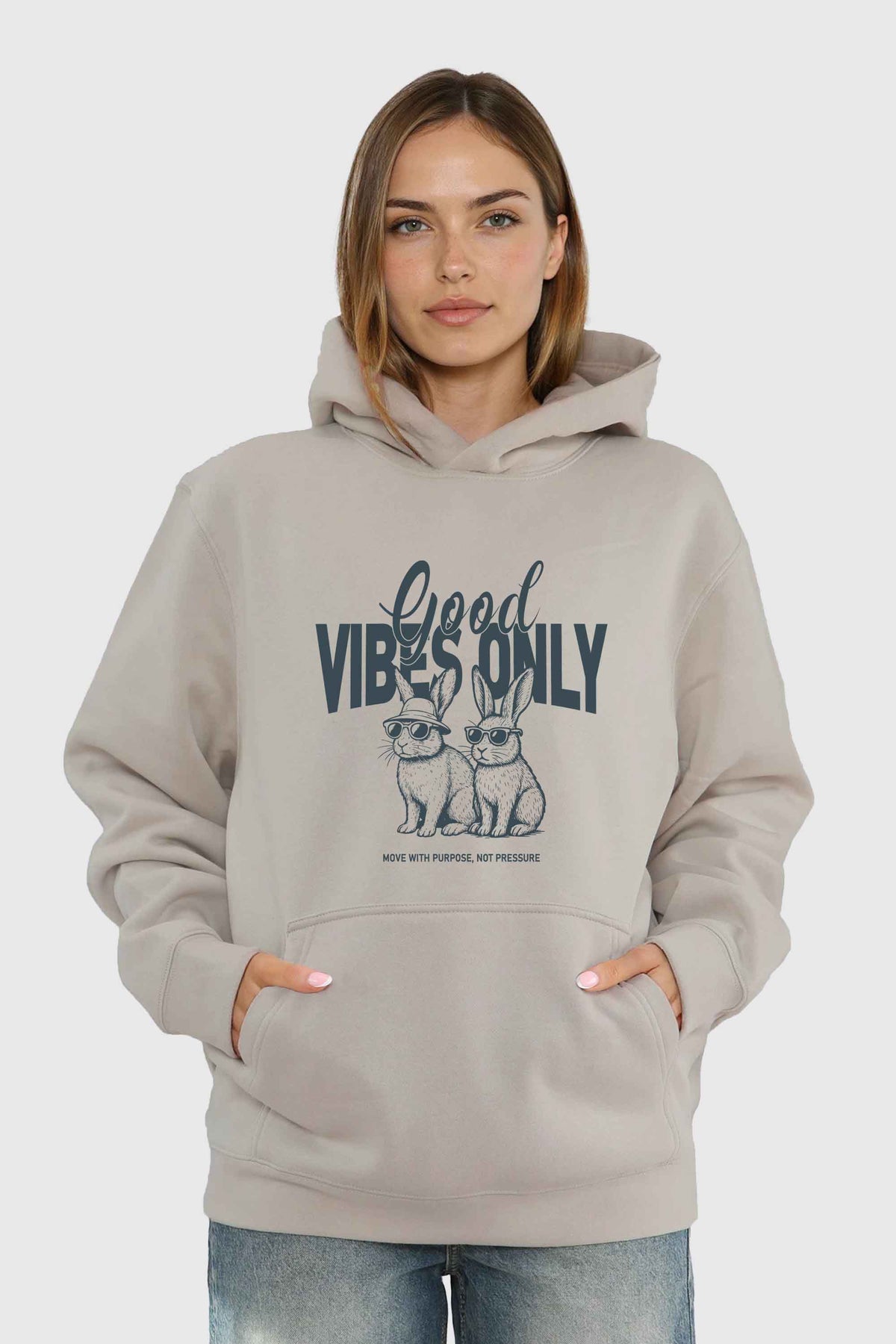 Unisex 280GSM Blended Good Vibes Only Bunny Printed Hoodie