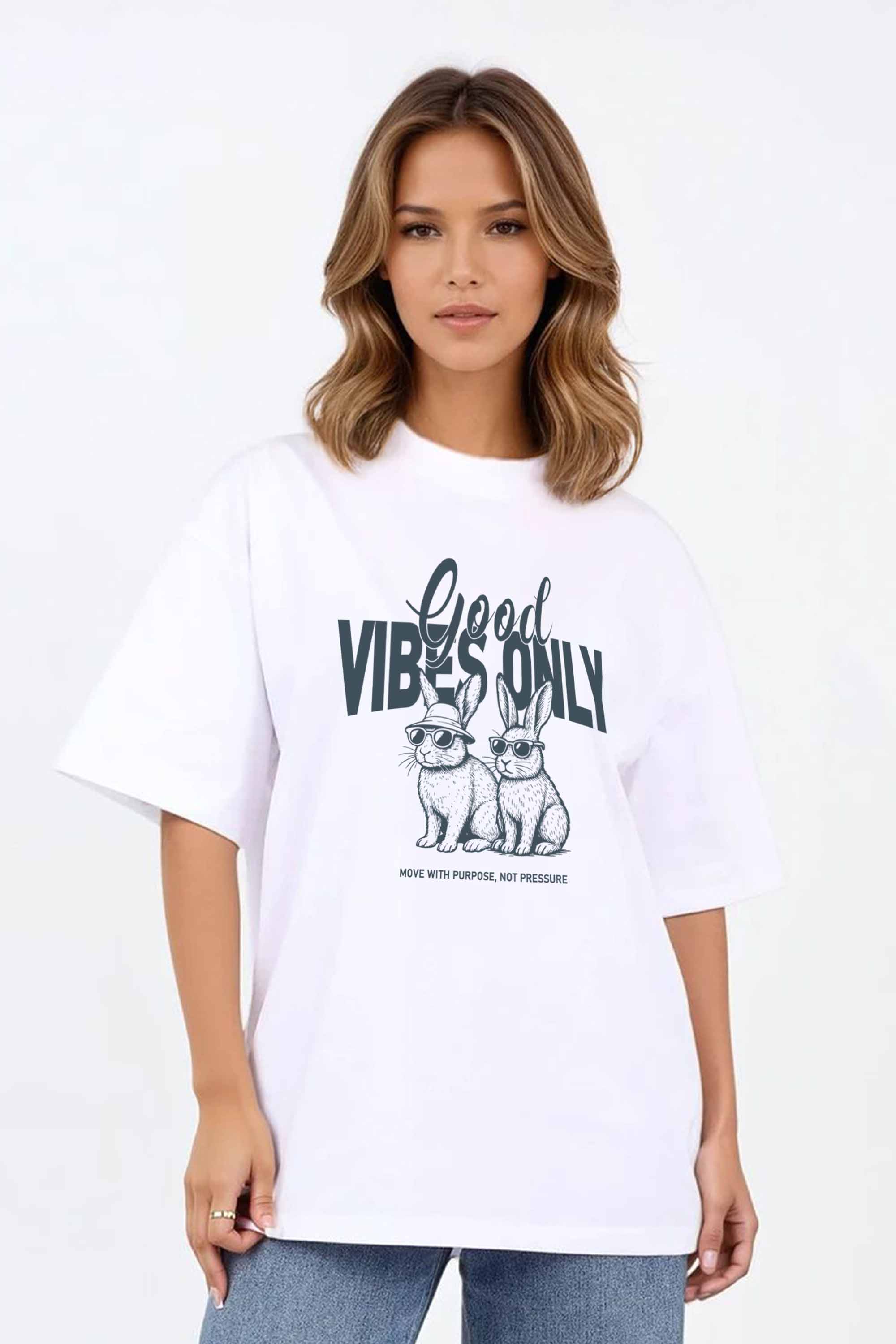220GSM Oversized T-Shirt in Good Vibes Only Bunny Print