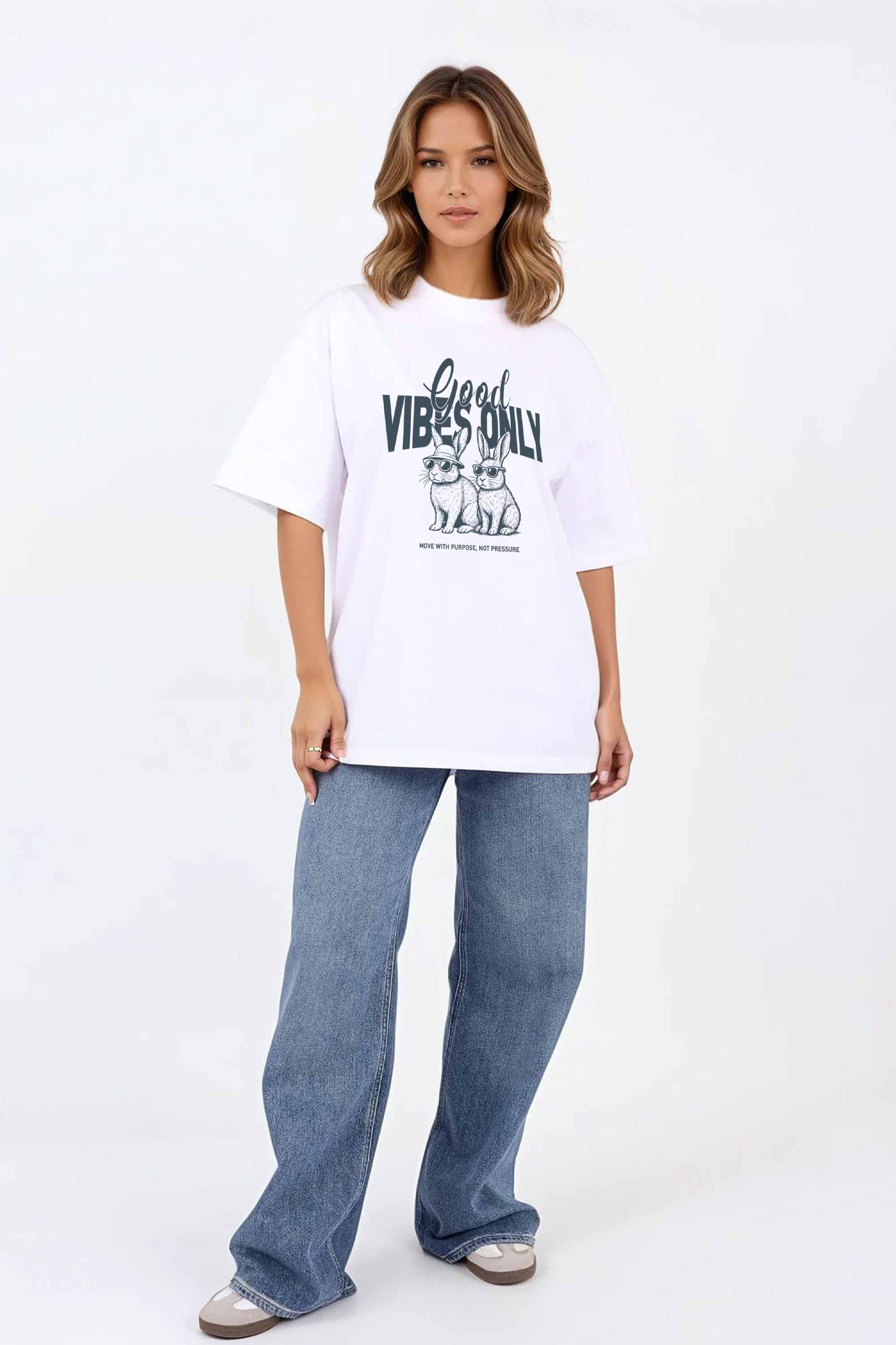 220GSM Oversized T-Shirt in Good Vibes Only Bunny Print