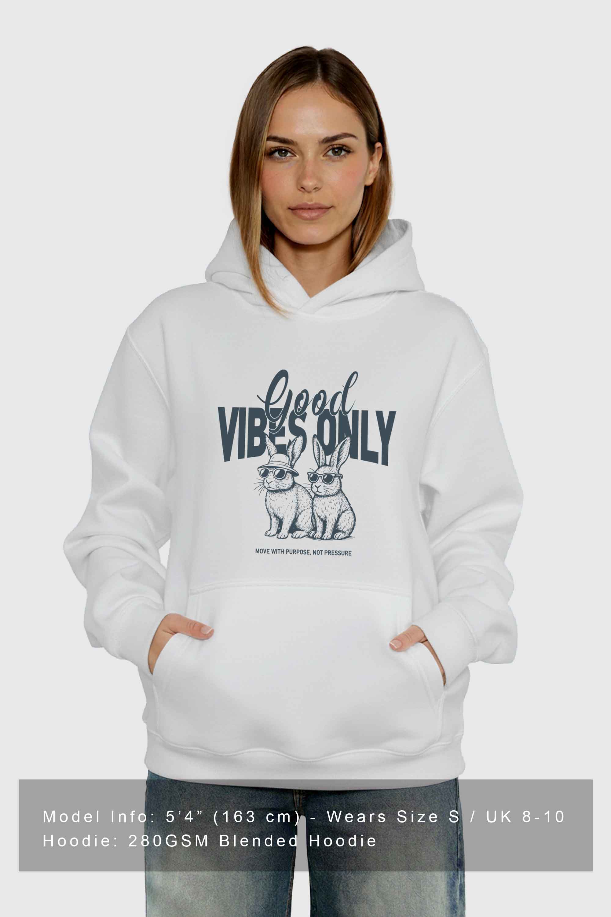 Unisex 280GSM Blended Good Vibes Only Bunny Printed Hoodie