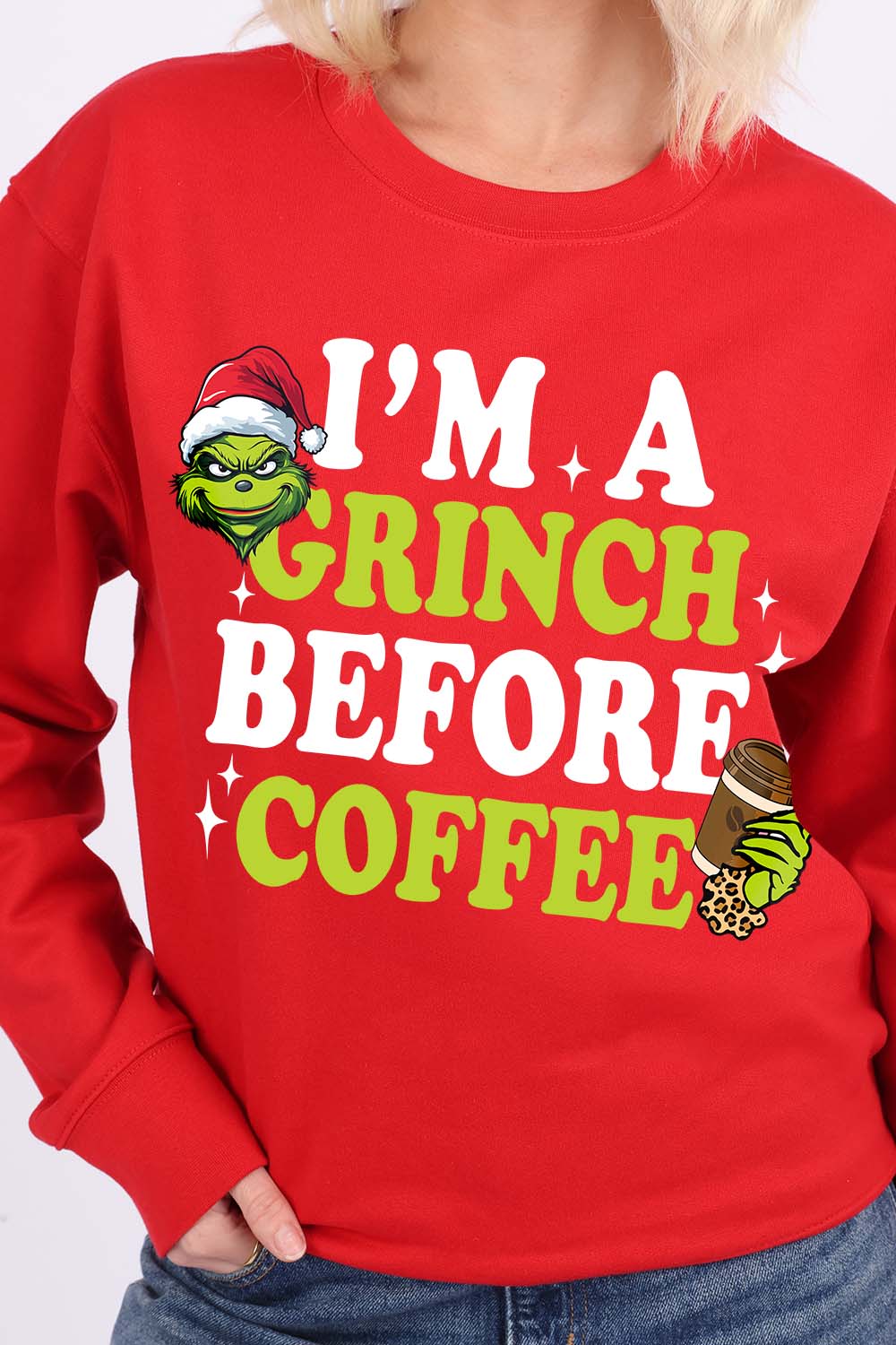 Grinch Before Coffee Printed Christmas Jumper (Pack of 4)