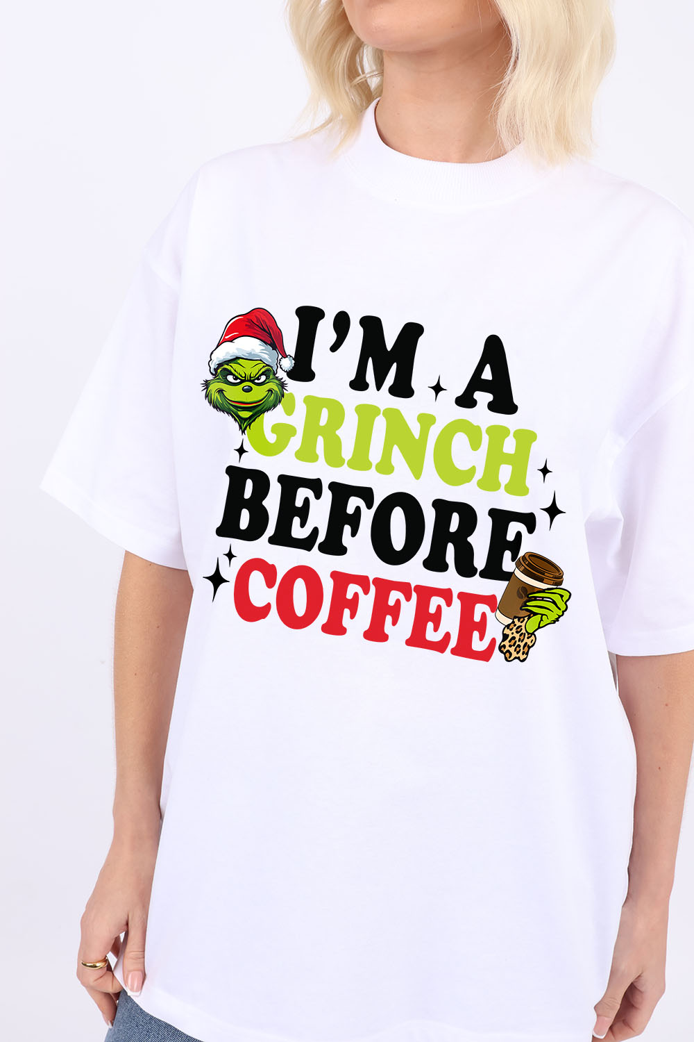 220GSM Oversize Christmas T-Shirt In Grinch Before Coffee Print