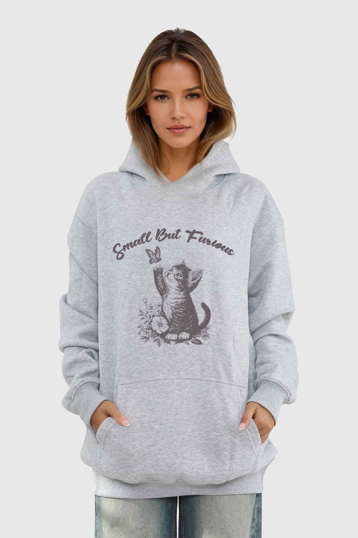 Unisex 280GSM Blended Small But Furious Cat Printed Hoodie