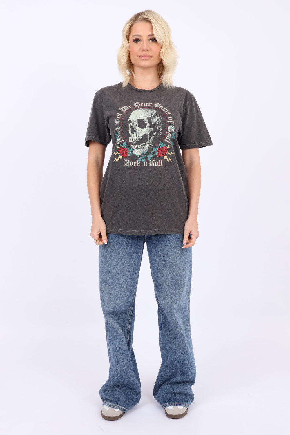 Rock & Roll Skull Print Acid Wash T-Shirt