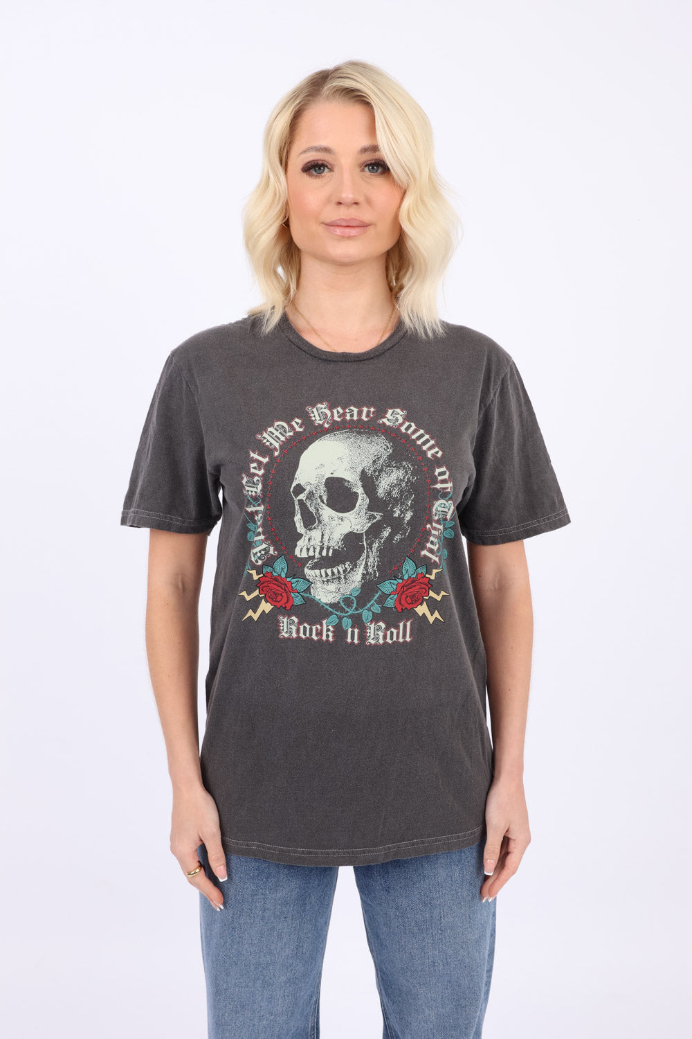 Rock & Roll Skull Print Acid Wash T-Shirt