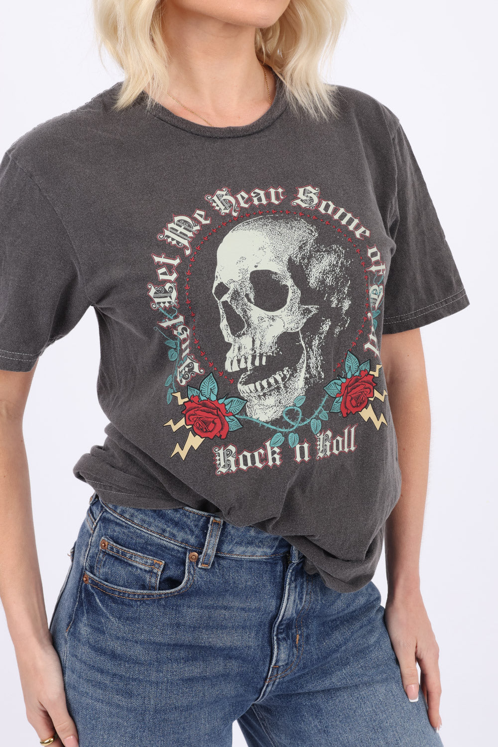 Rock & Roll Skull Print Acid Wash T-Shirt
