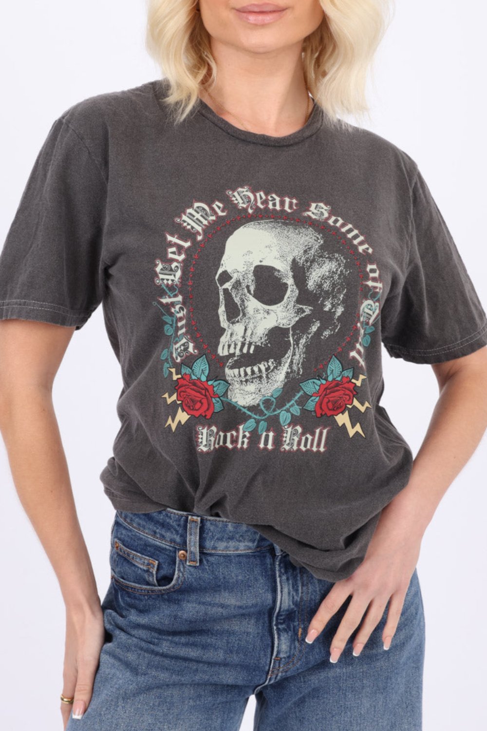 Rock & Roll Skull Print Acid Wash T-Shirt