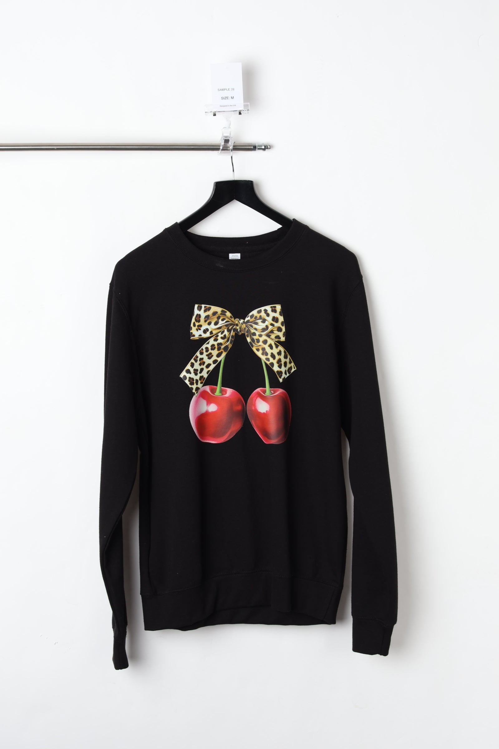 Cherry Leopard Bow Graphic Black Sweatshirt (Size M) – Sample
