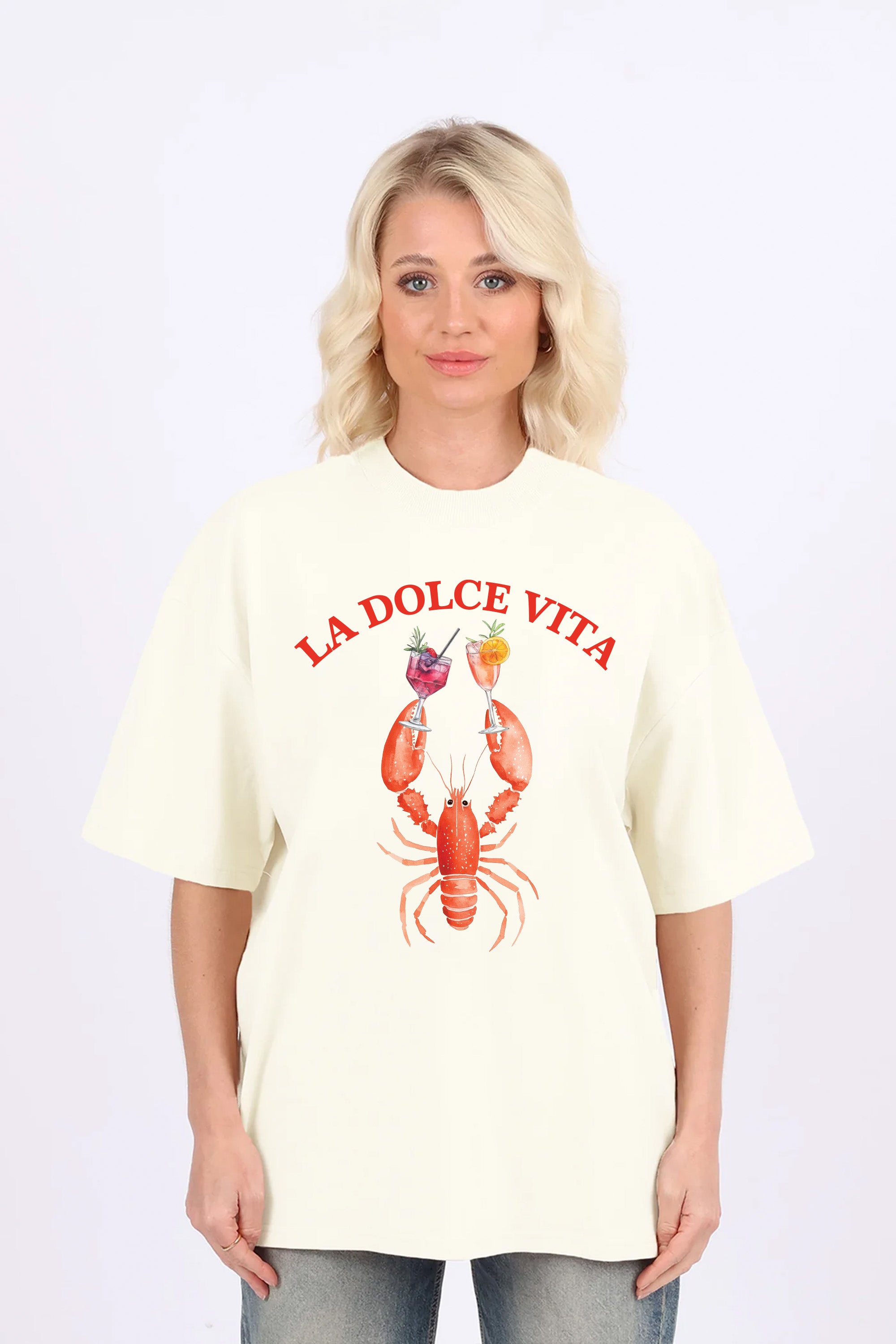 220GSM Oversized T-Shirt In LA Dolce Vita Lobster Print (Custom Pack)