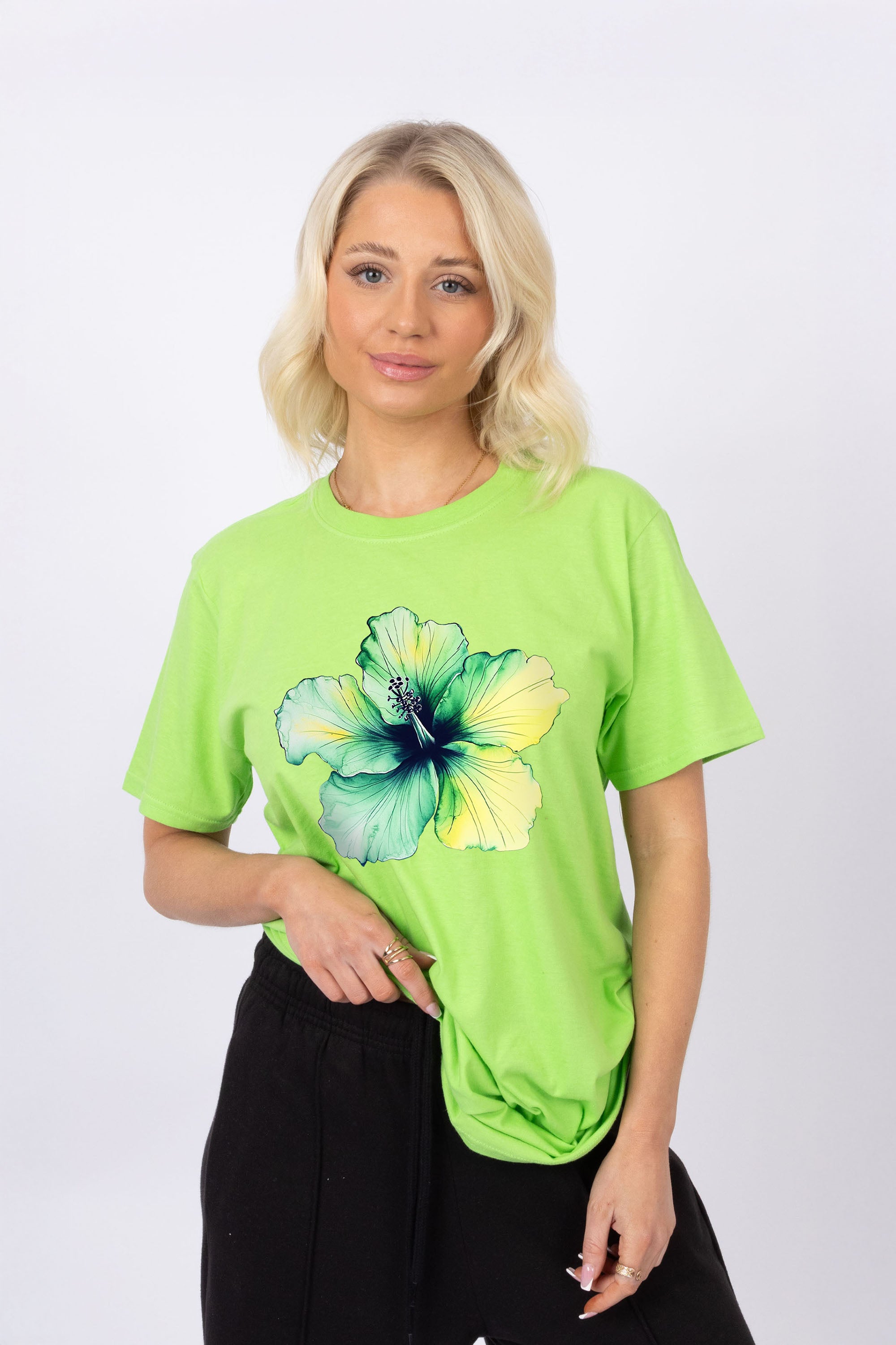 Tropical Green Hibiscus Floral Printed T-shirt (Custom Pack)