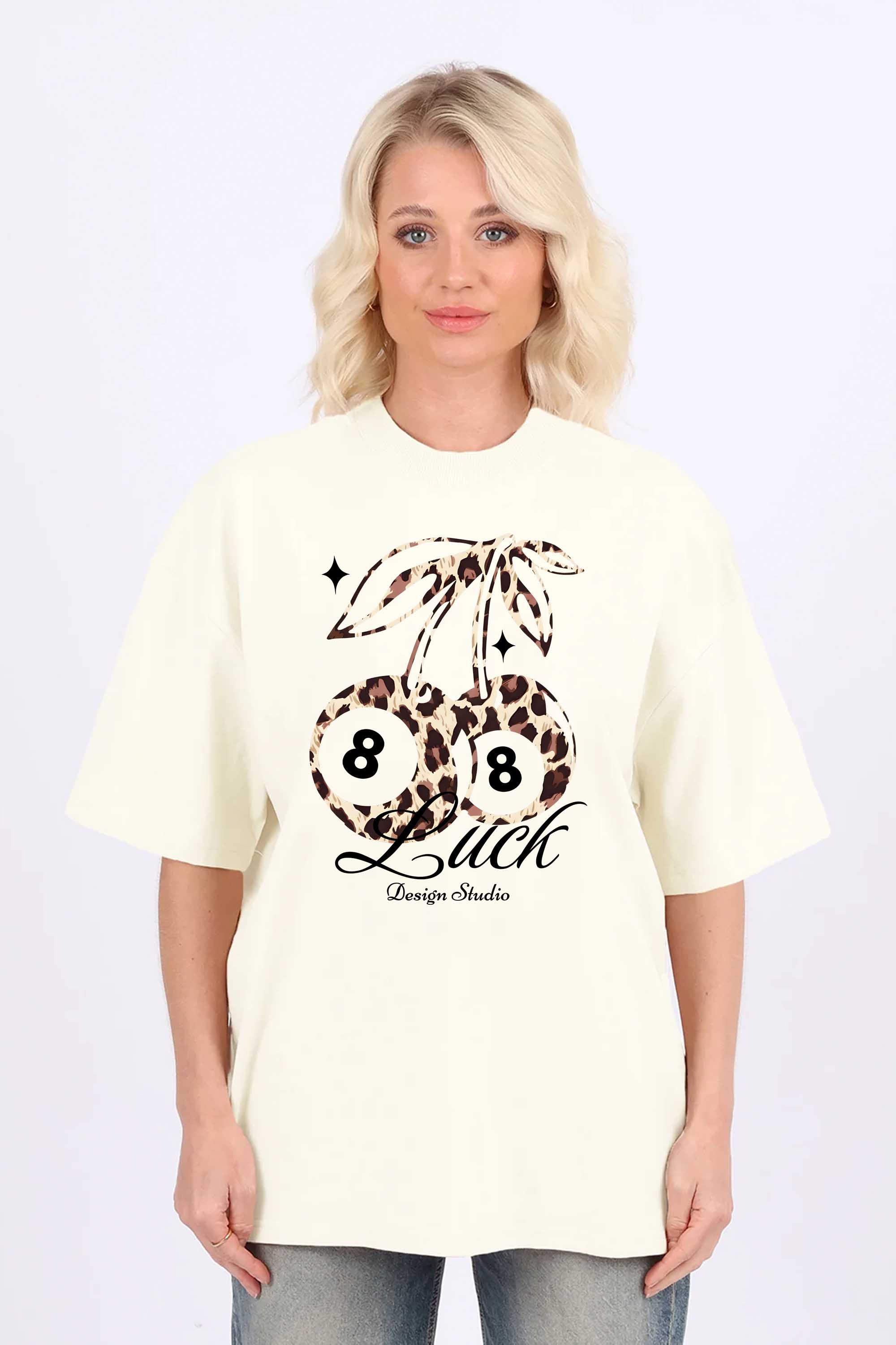 220GSM Oversized T-Shirt in Leopard Cherry Luck Print