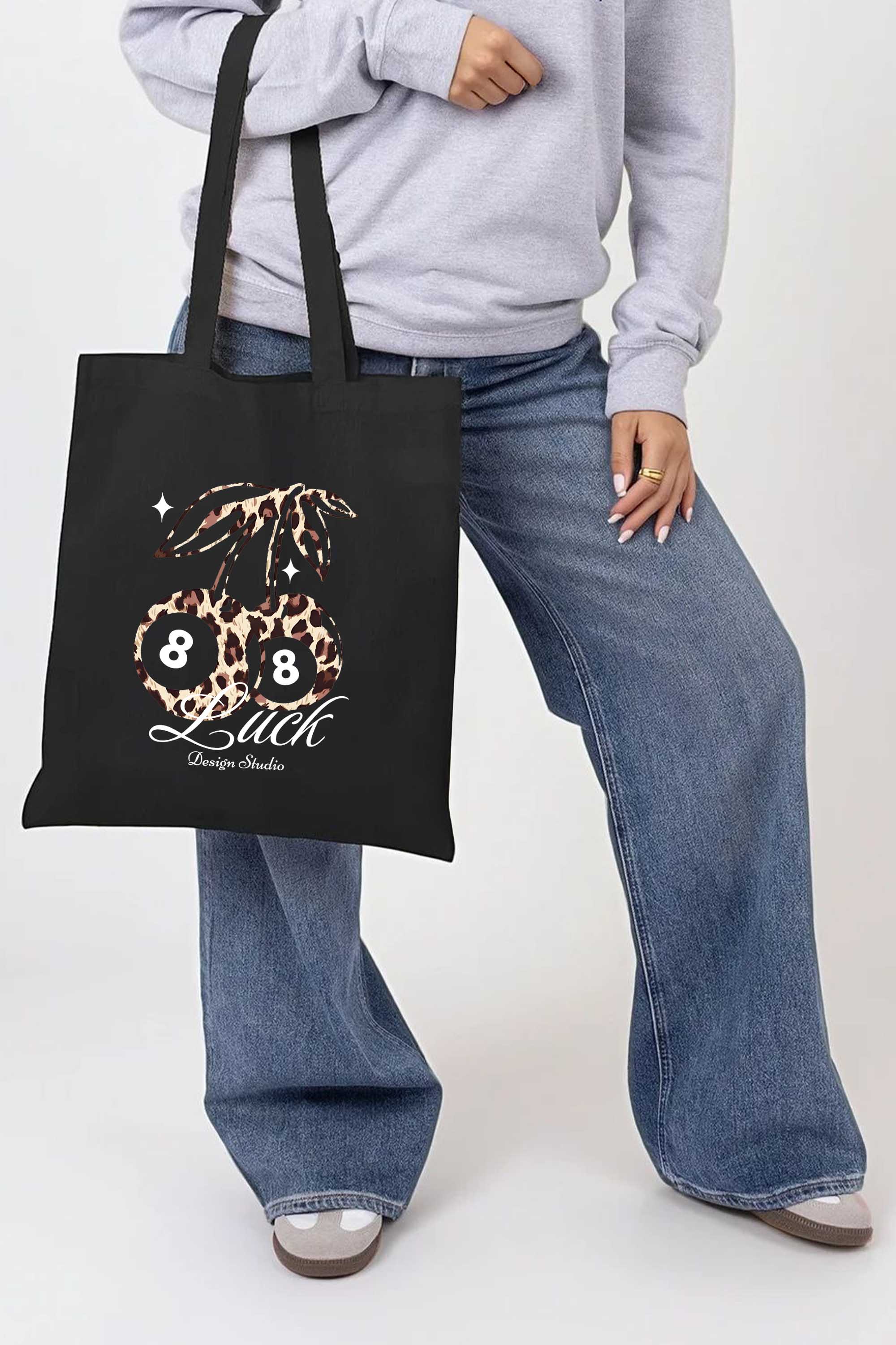 Leopard Cherry Luck Graphic Printed Cotton Tote Bag
