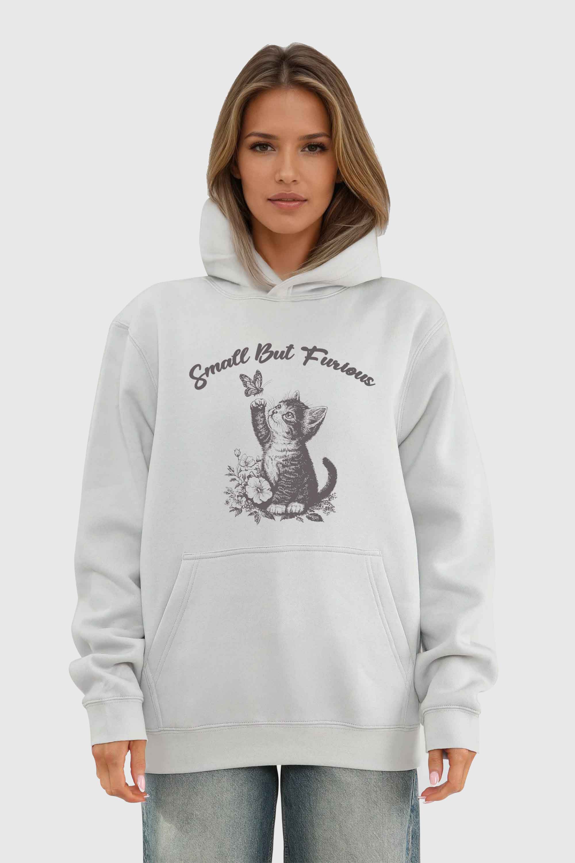 Unisex 280GSM Blended Small But Furious Cat Printed Hoodie