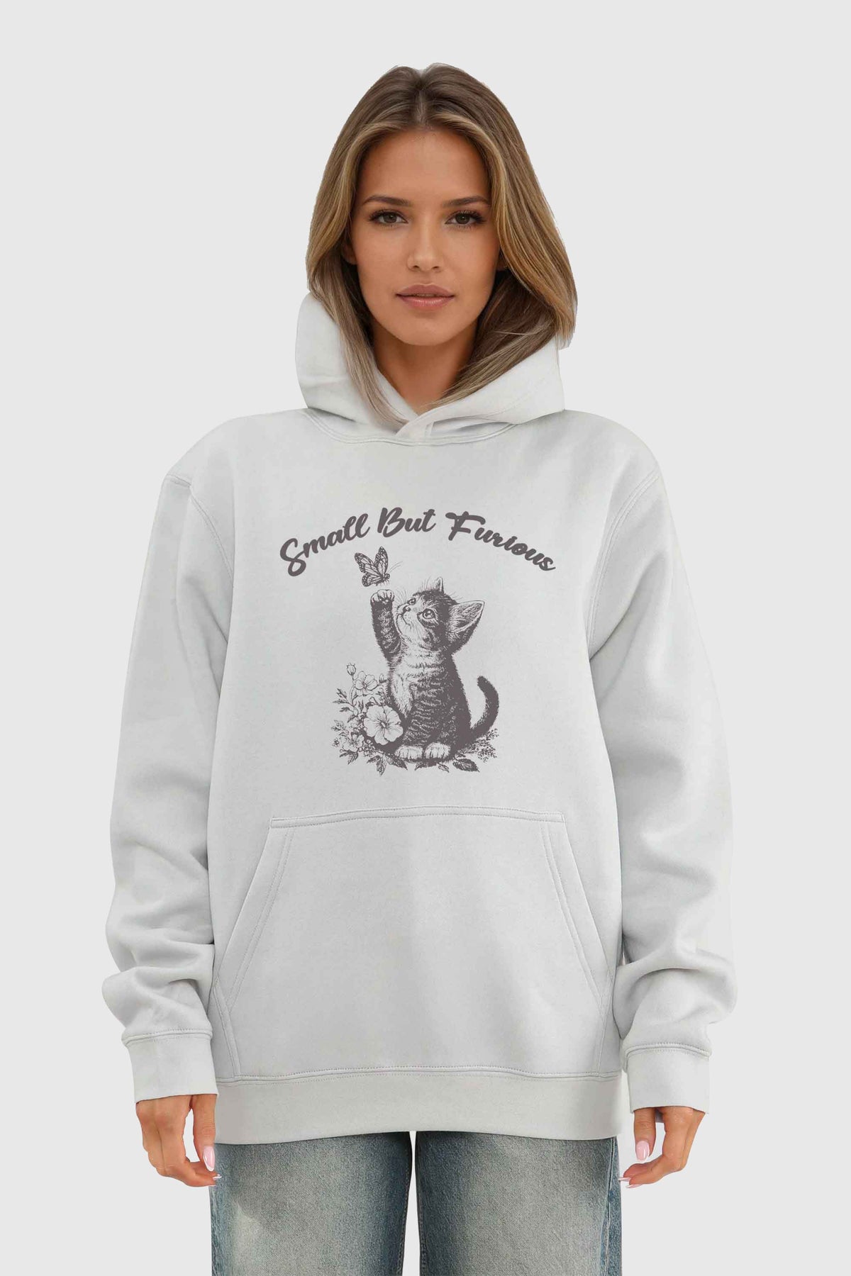 Unisex 280GSM Blended Small But Furious Cat Printed Hoodie