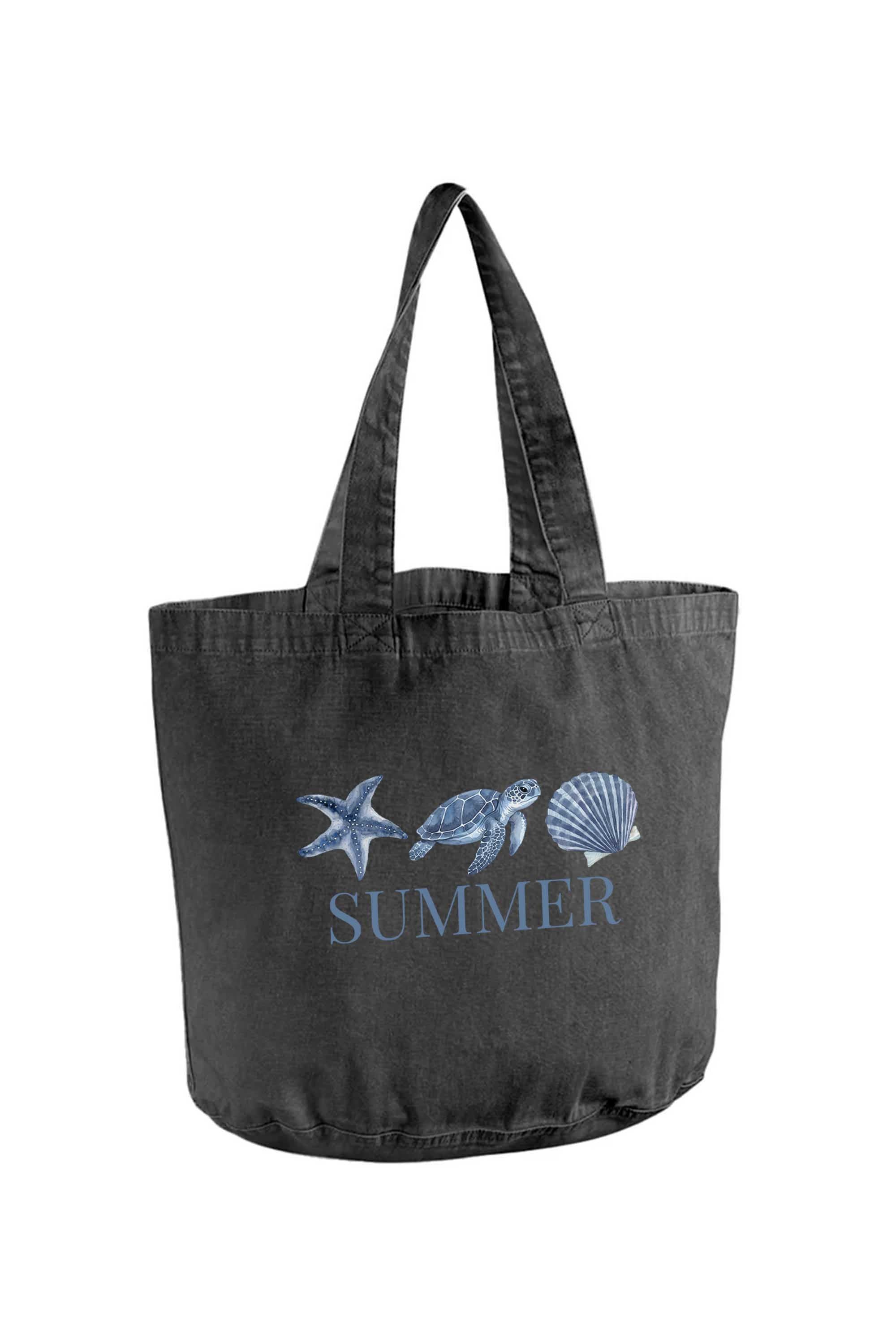 340gsm Acid Washed Oversized Summer Seashell Turtle Printed Cotton Tote Bag
