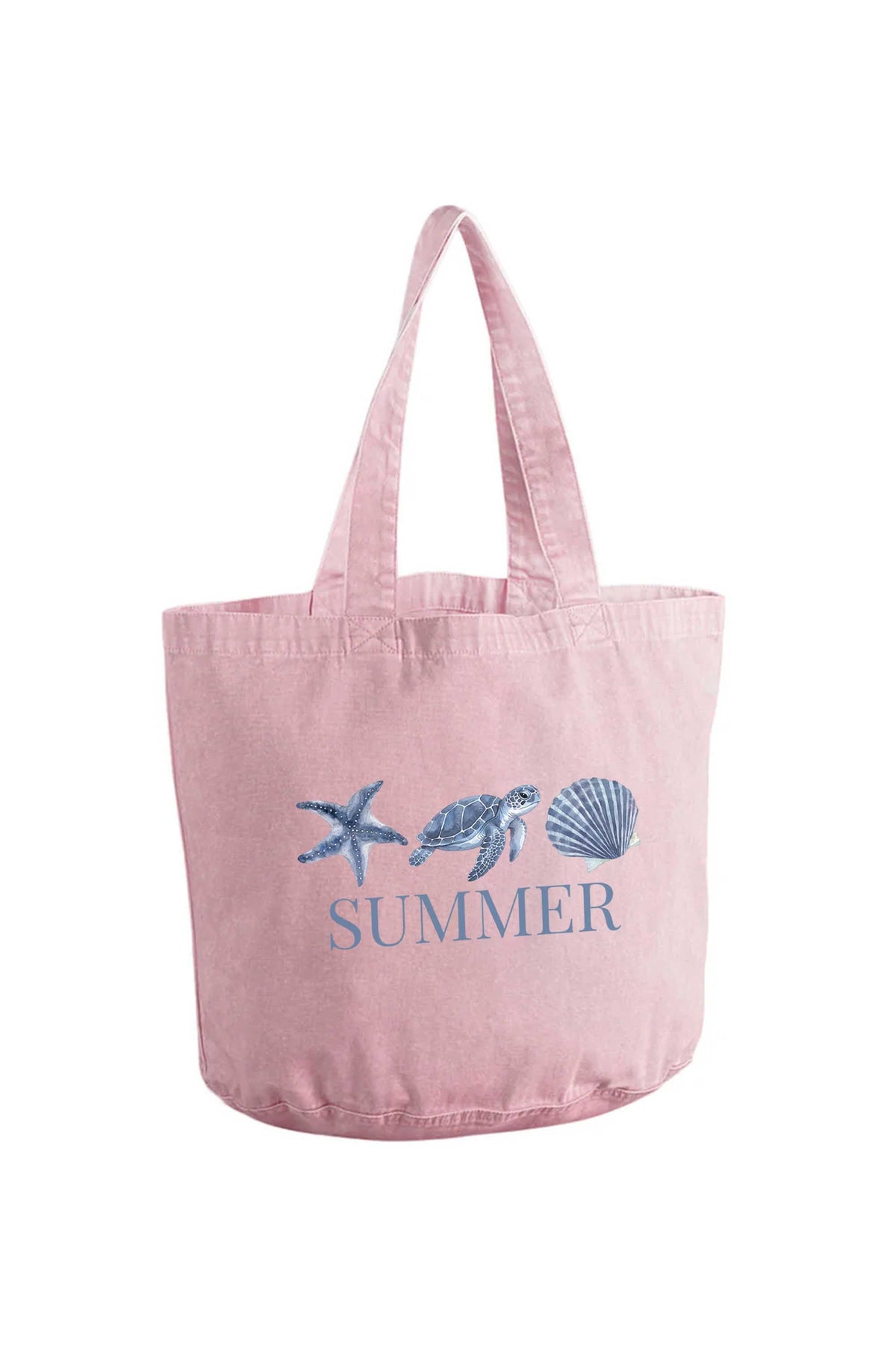 340gsm Acid Washed Oversized Summer Seashell Turtle Printed Cotton Tote Bag