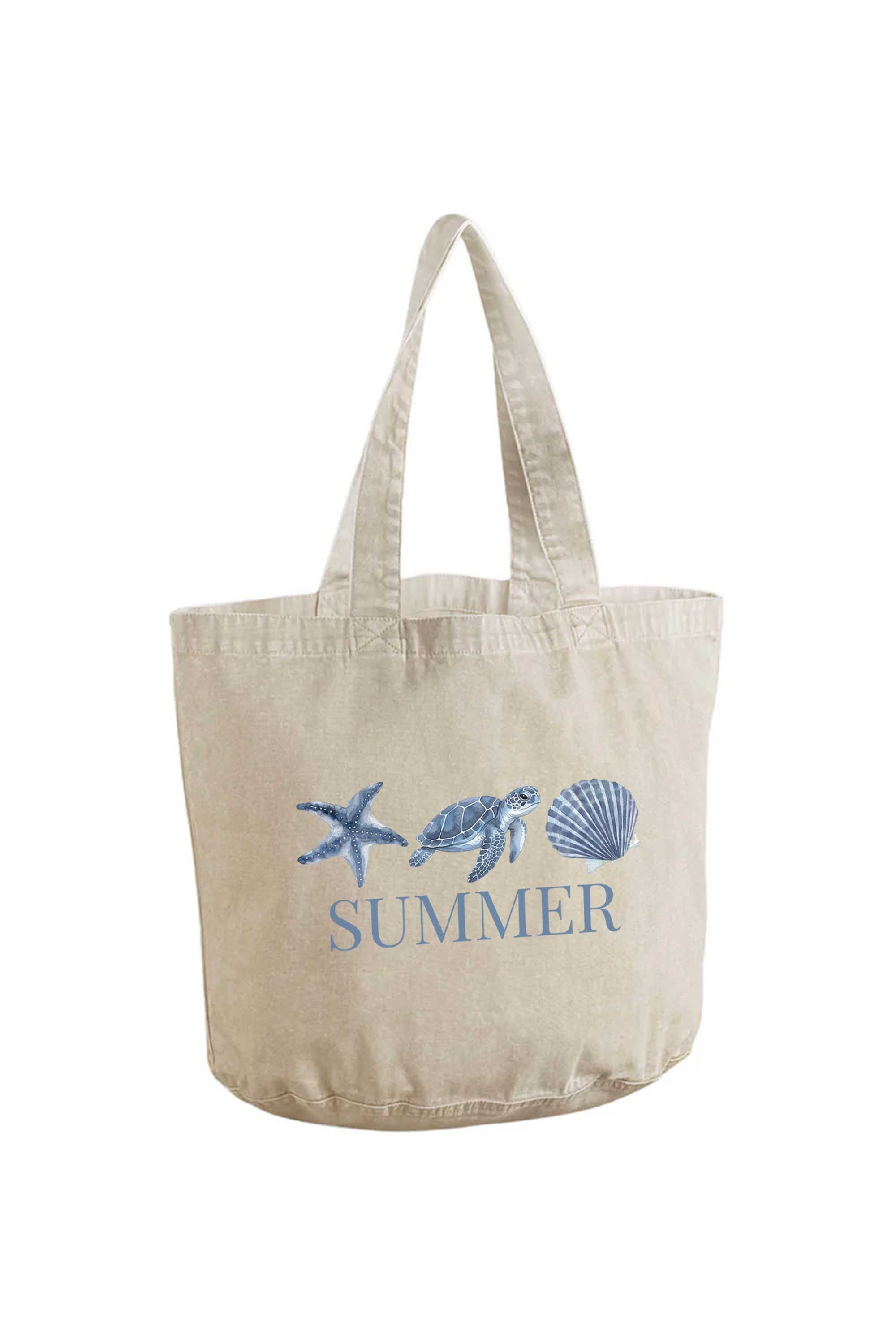340gsm Acid Washed Oversized Summer Seashell Turtle Printed Cotton Tote Bag