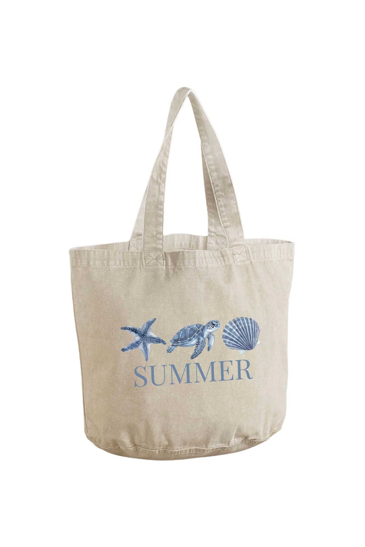 340gsm Acid Washed Oversized Summer Seashell Turtle Printed Cotton Tote Bag