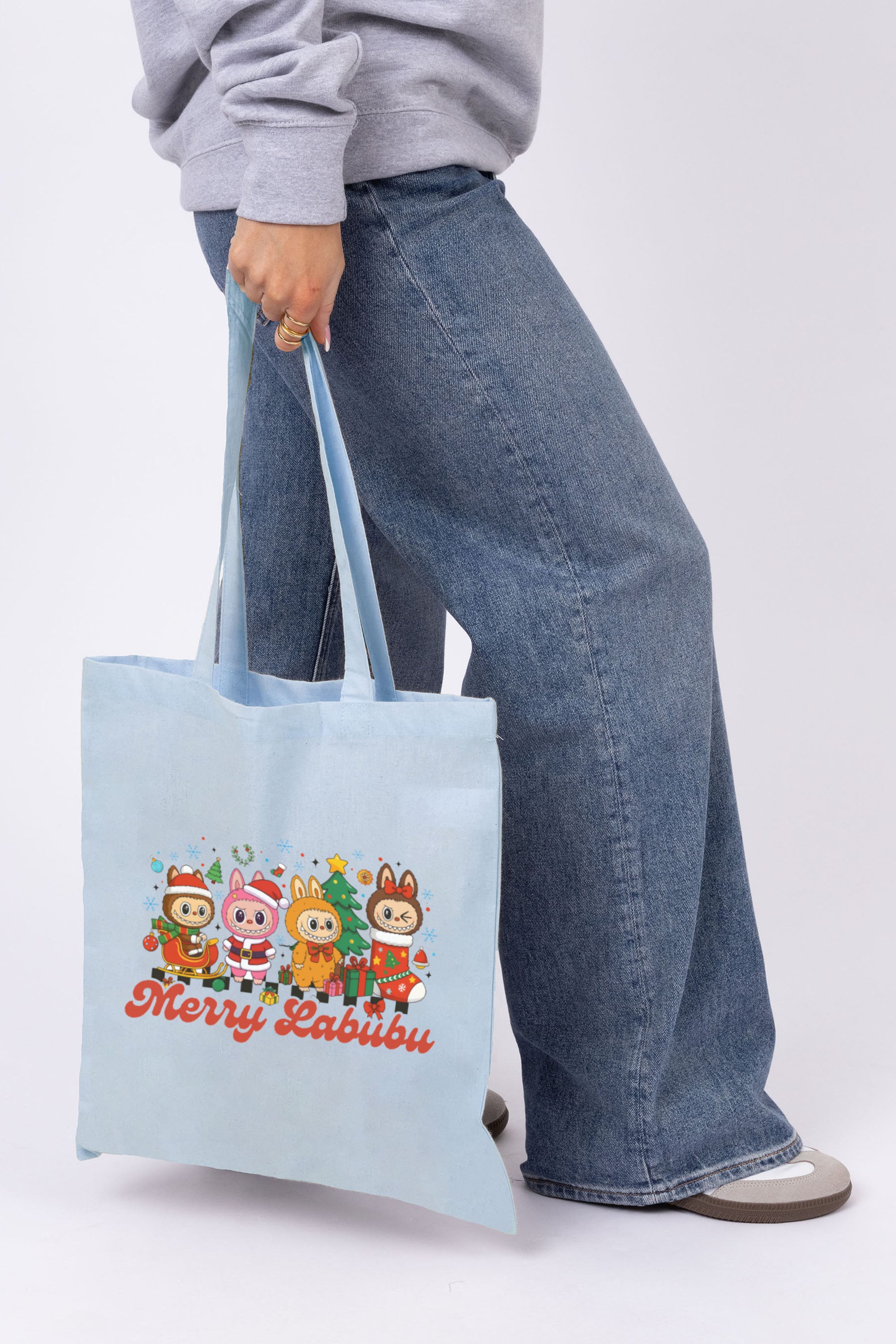 Merry Labubu Christmas Printed Cotton Tote Bag