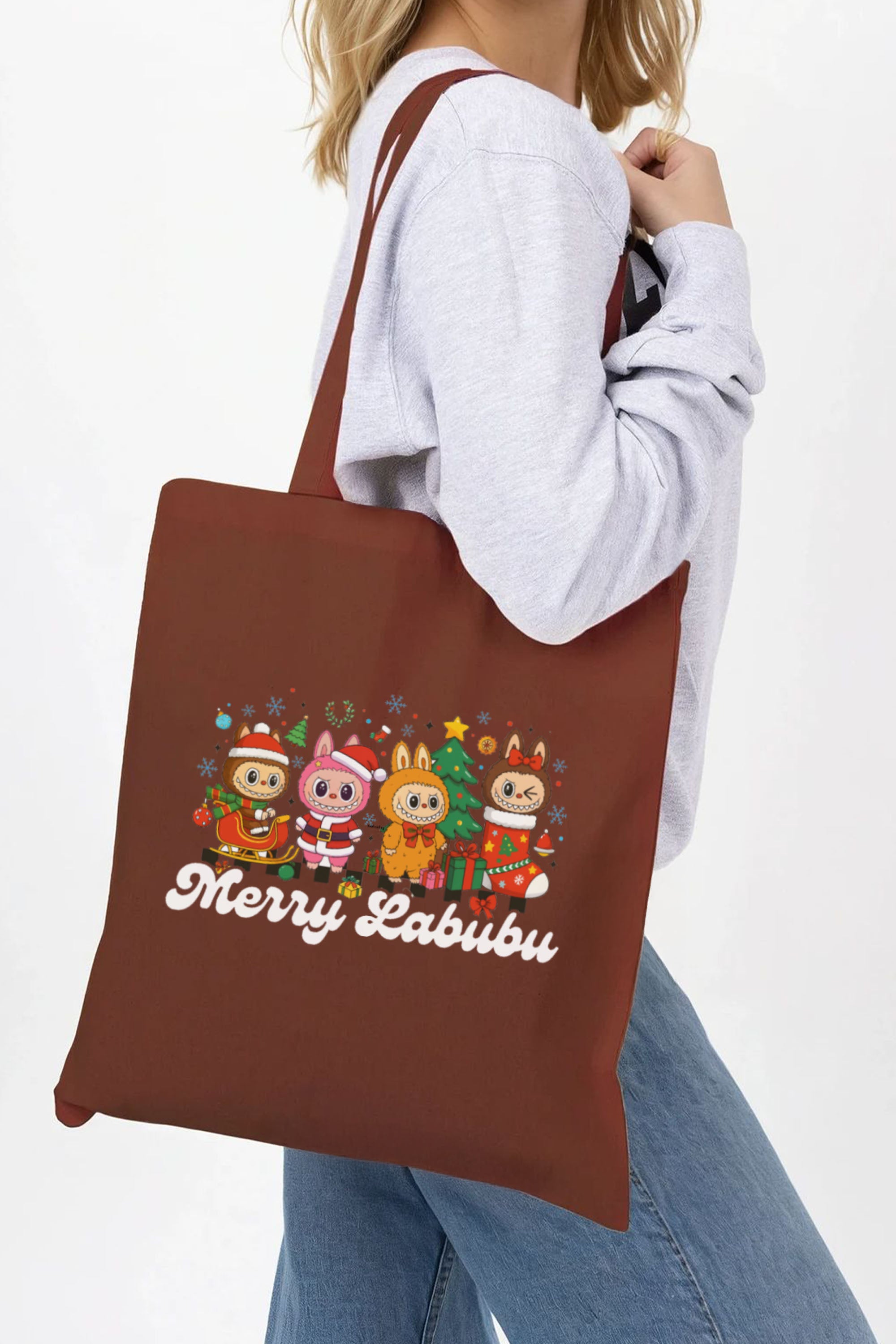 Merry Labubu Christmas Printed Cotton Tote Bag