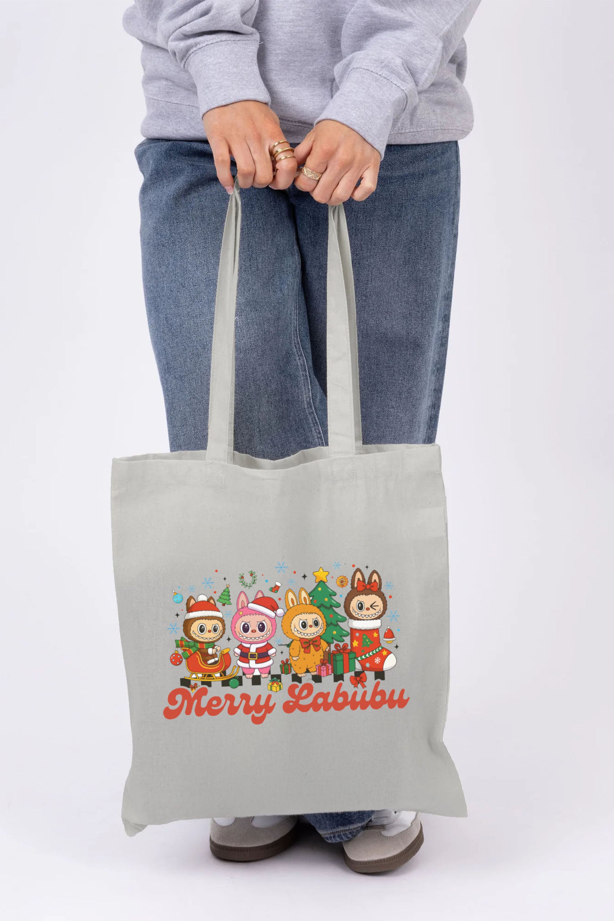 Merry Labubu Christmas Printed Cotton Tote Bag