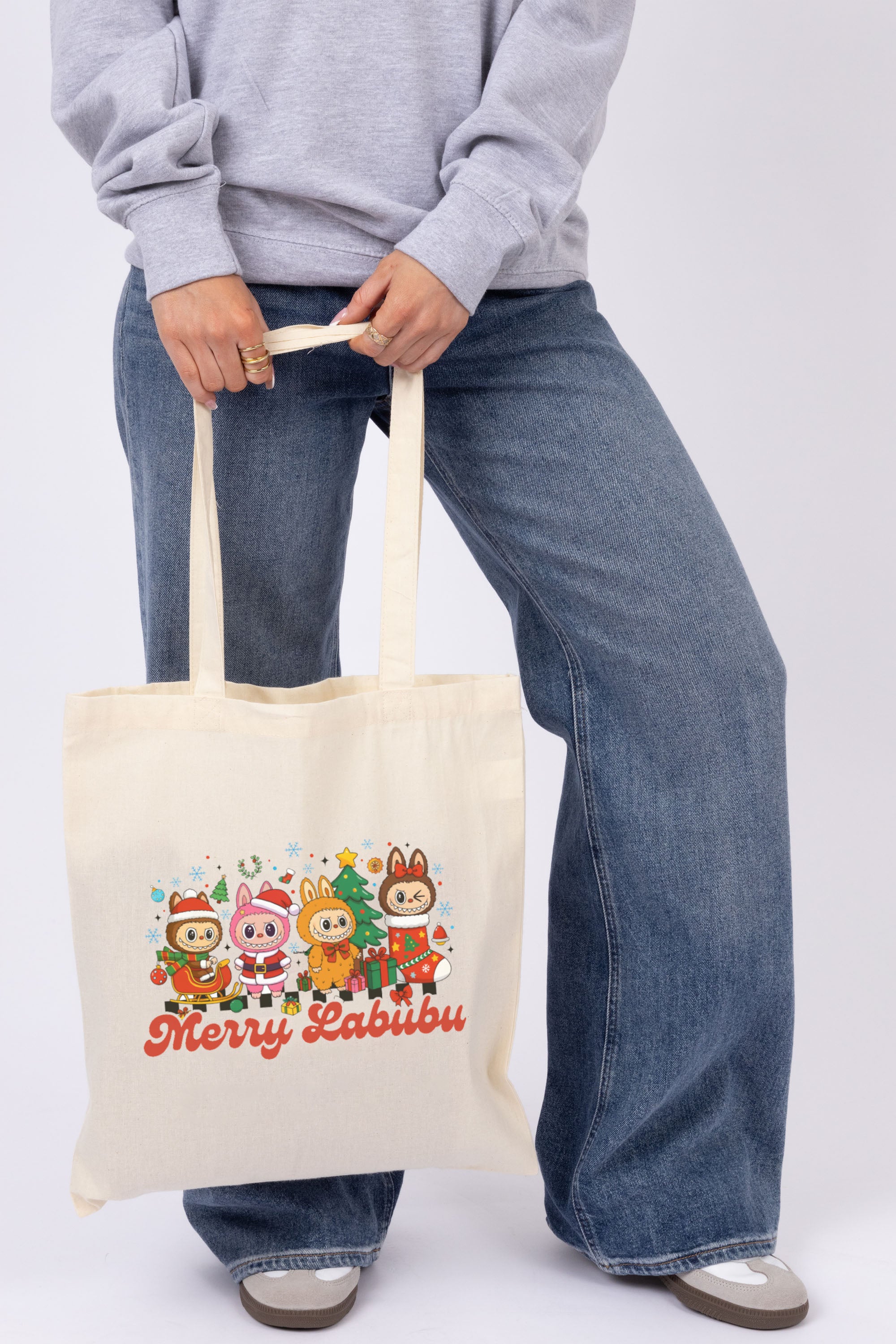 Merry Labubu Christmas Printed Cotton Tote Bag