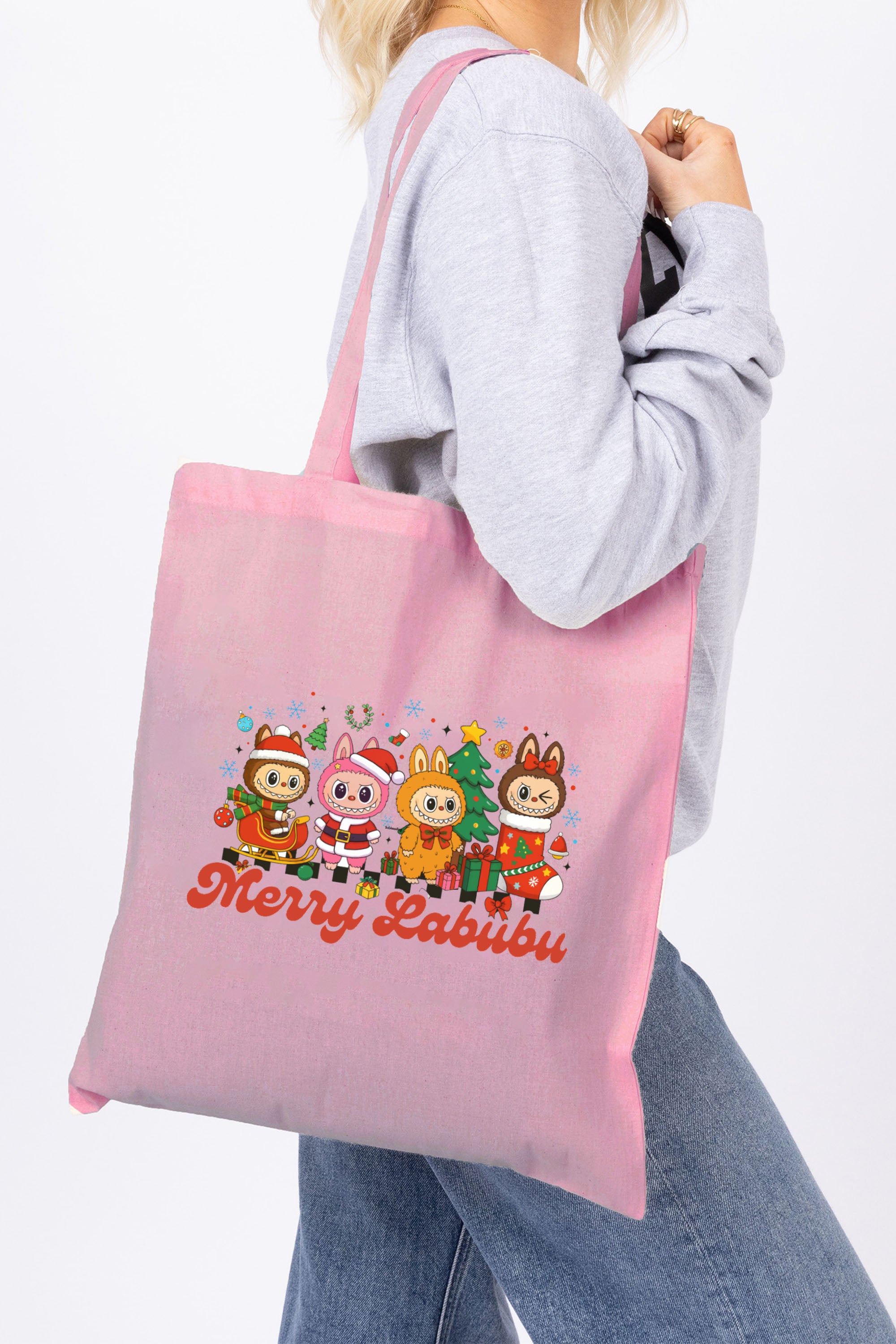 Merry Labubu Christmas Printed Cotton Tote Bag