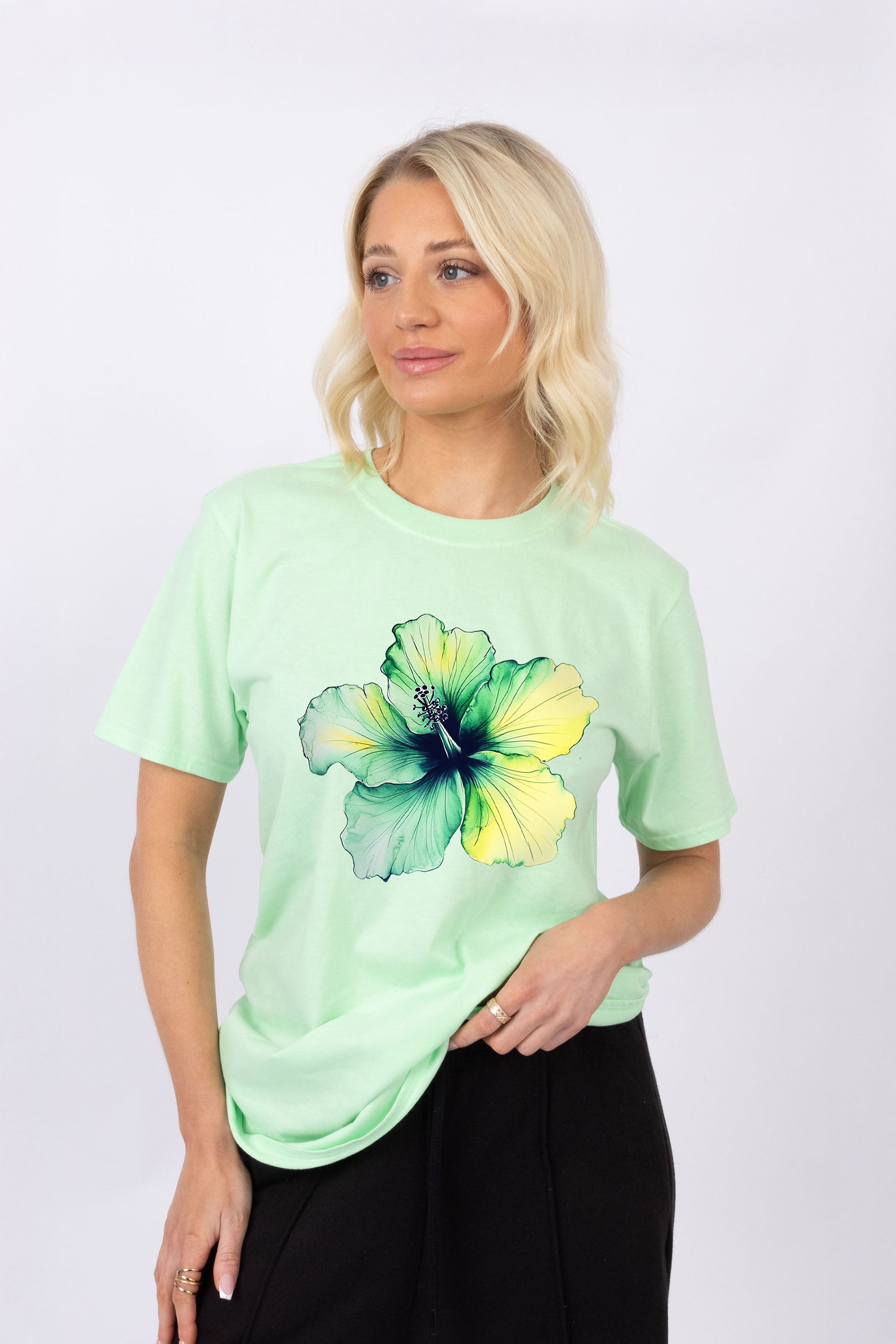 Tropical Green Hibiscus Floral Printed T-shirt (Custom Pack)
