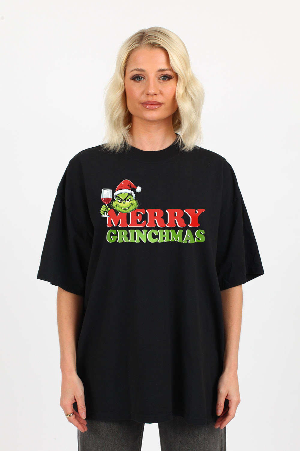 220GSM Oversize Christmas T-Shirt In Merry Grinchmas Print