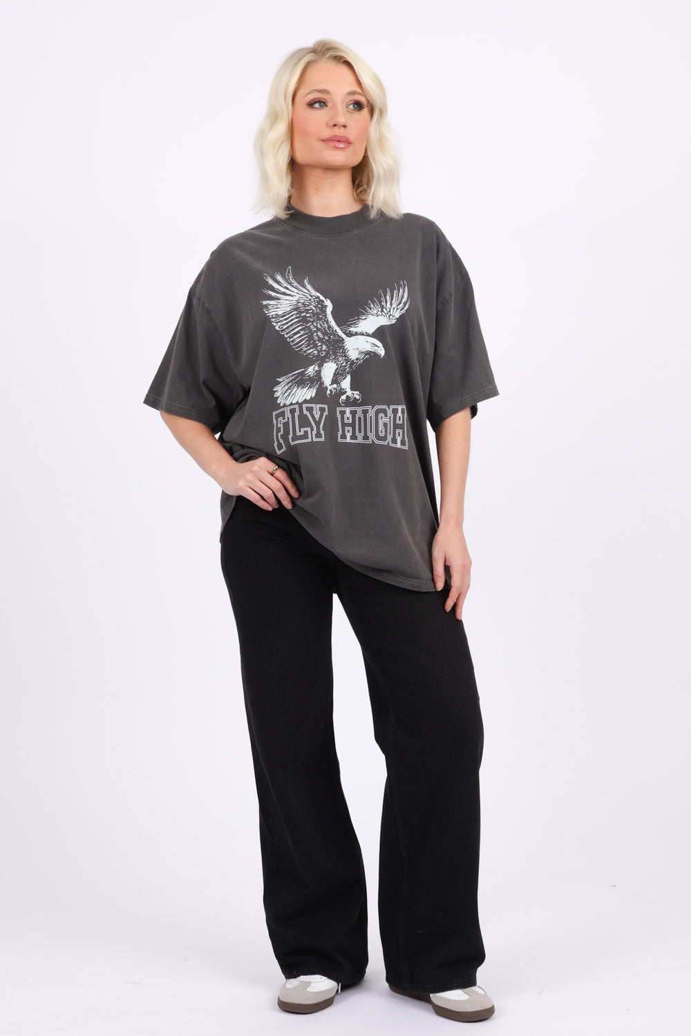 220GSM Oversize Acid Washed T-Shirt In Eagle Fly High Print