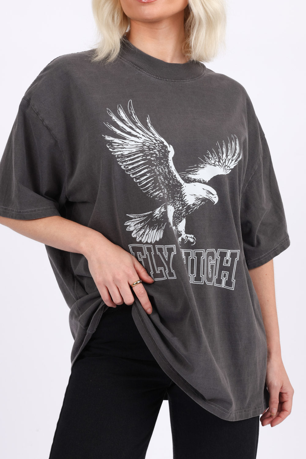 220GSM Oversize Acid Washed T-Shirt In Eagle Fly High Print
