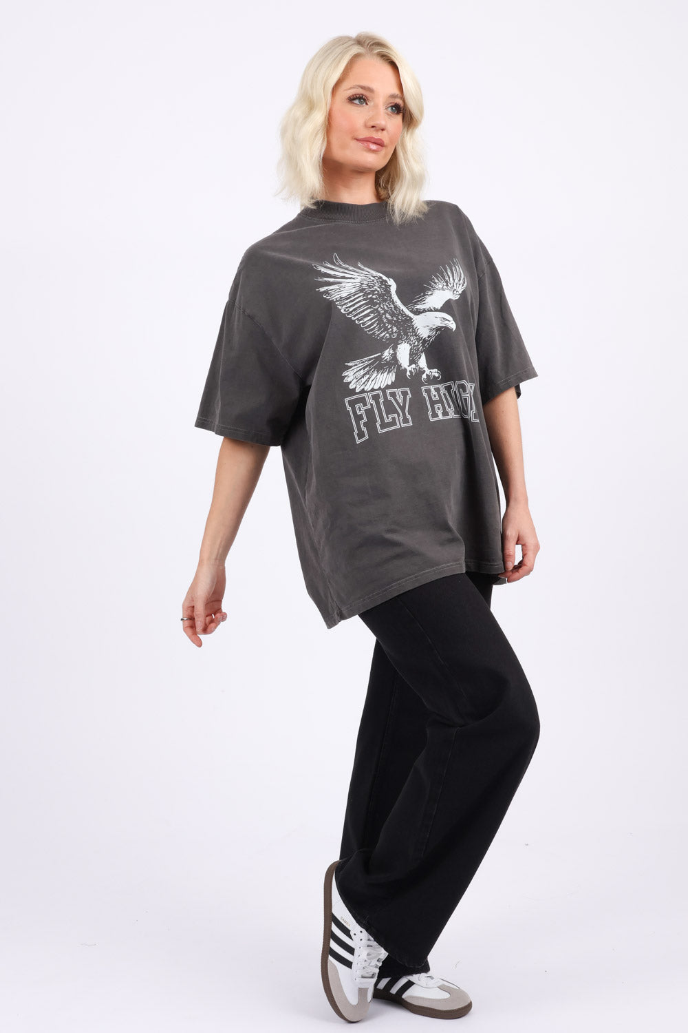 220GSM Oversize Acid Washed T-Shirt In Eagle Fly High Print