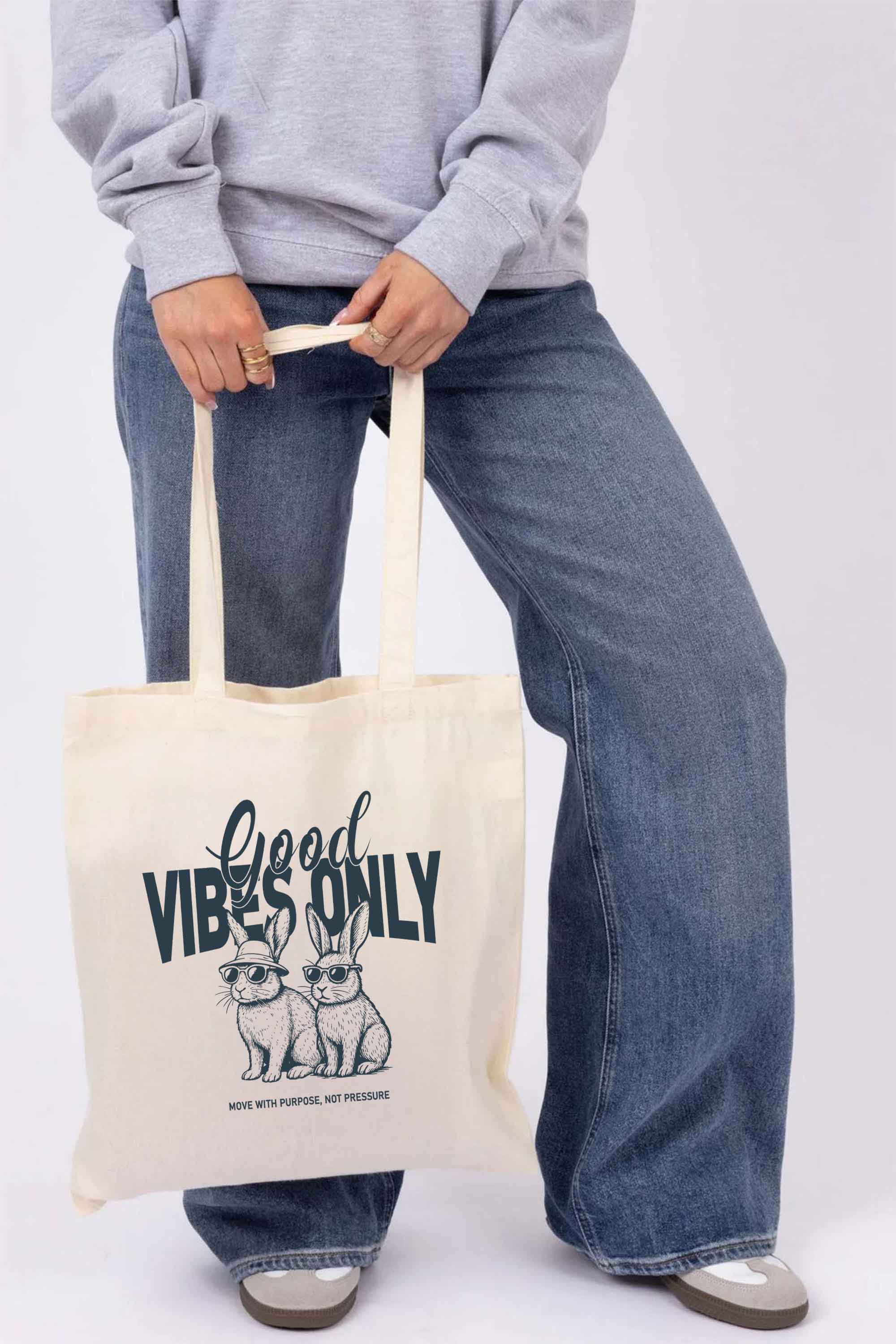 Good Vibes Only Bunny Printed Cotton Tote Bag