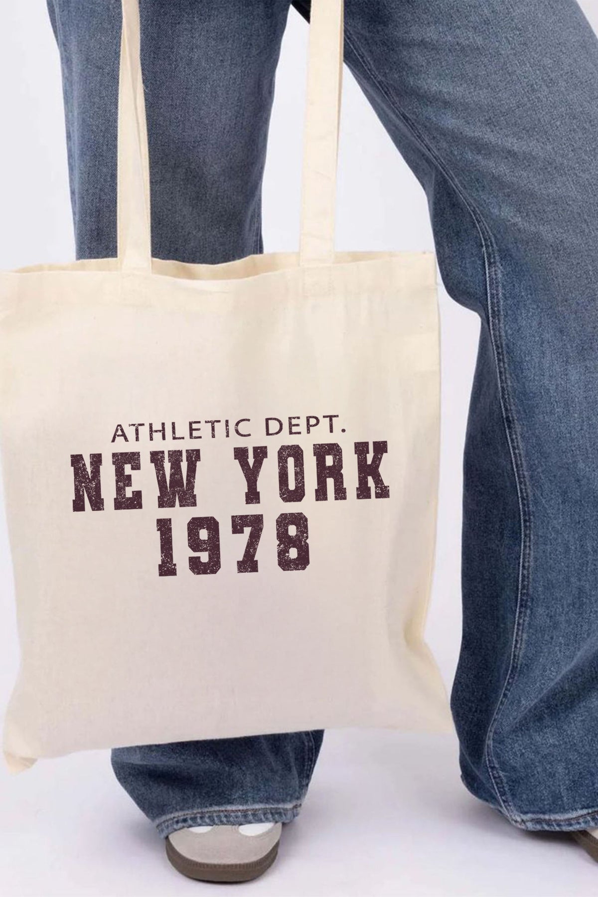 Natural cotton tote bag with dark cherry “New York 1978” athletic print | Missi Clothing wholesale accessories