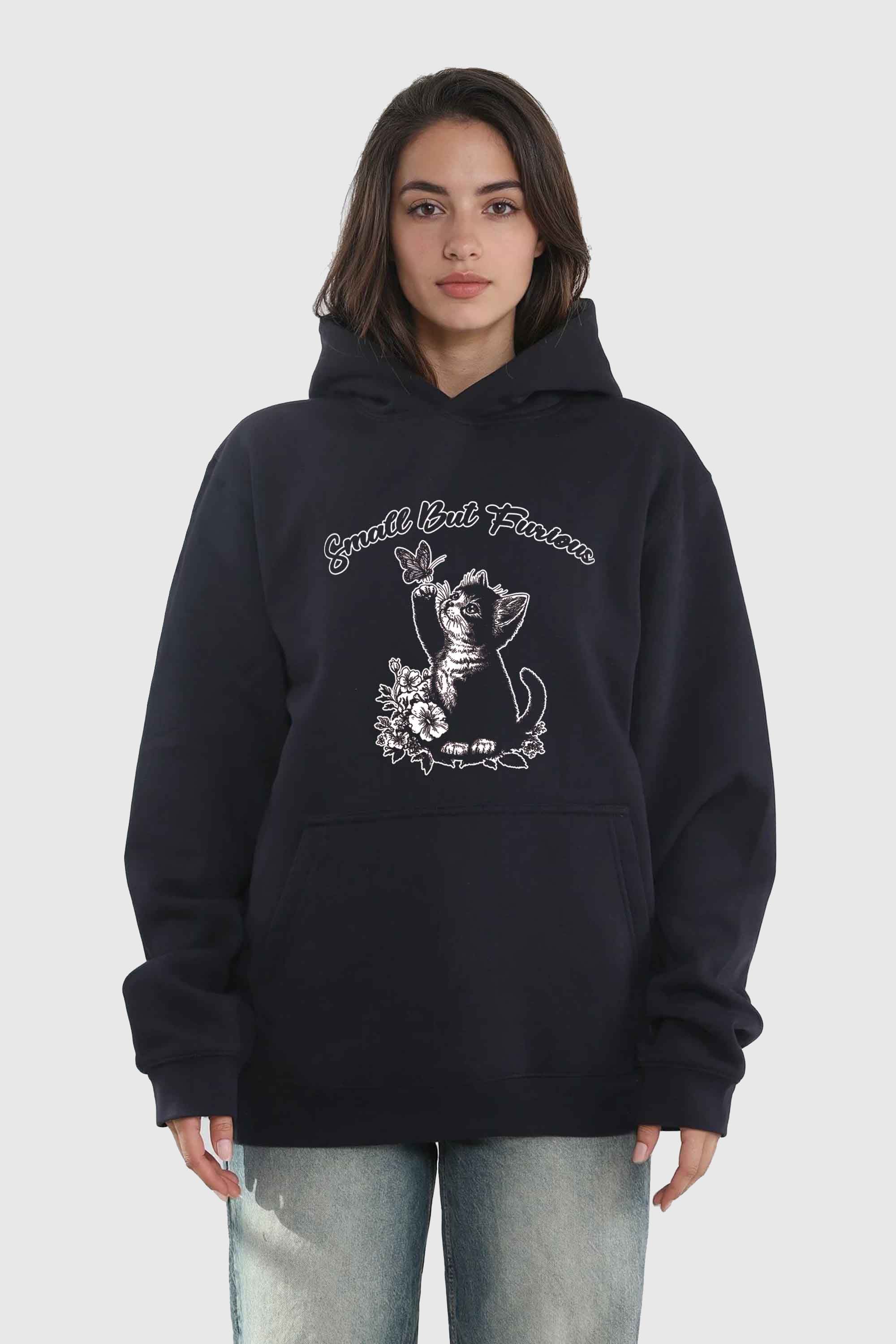 Unisex 280GSM Blended Small But Furious Cat Printed Hoodie