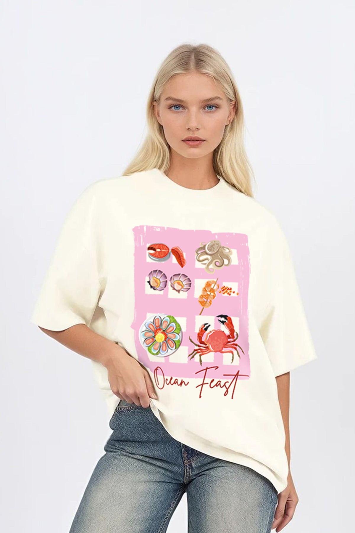 Oversized T-Shirt In Ocean Feast Seafood Print