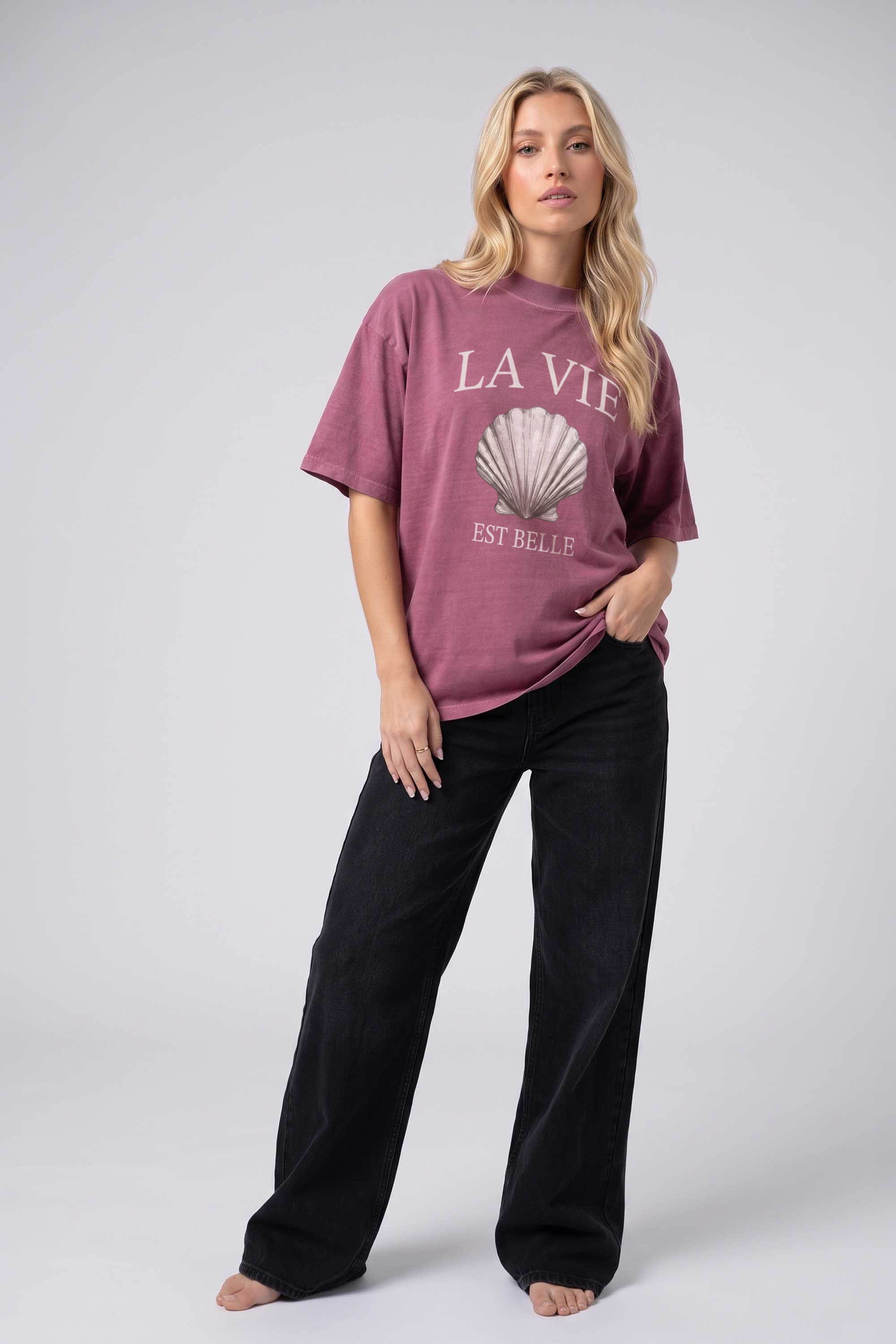 220GSM Oversized Acid Washed T-shirt in La Vie Shell Print